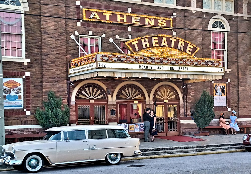Old-fashioned cinema entrance with marquee