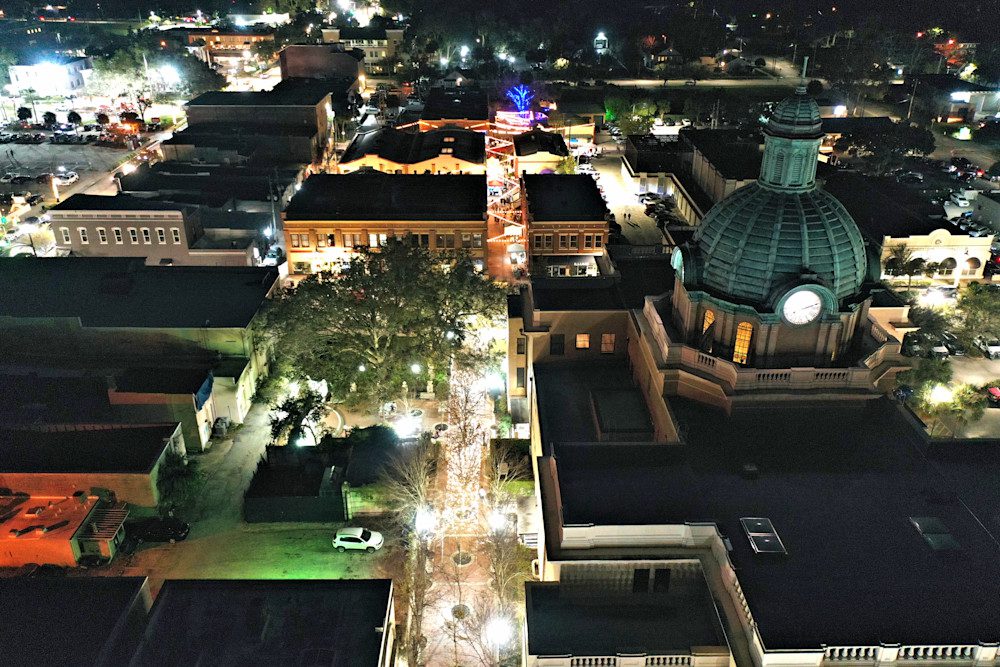 Illuminated streets and buildings at night