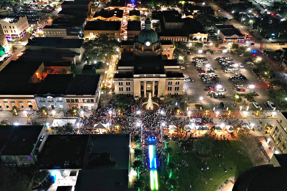 Nighttime festival in bustling city square