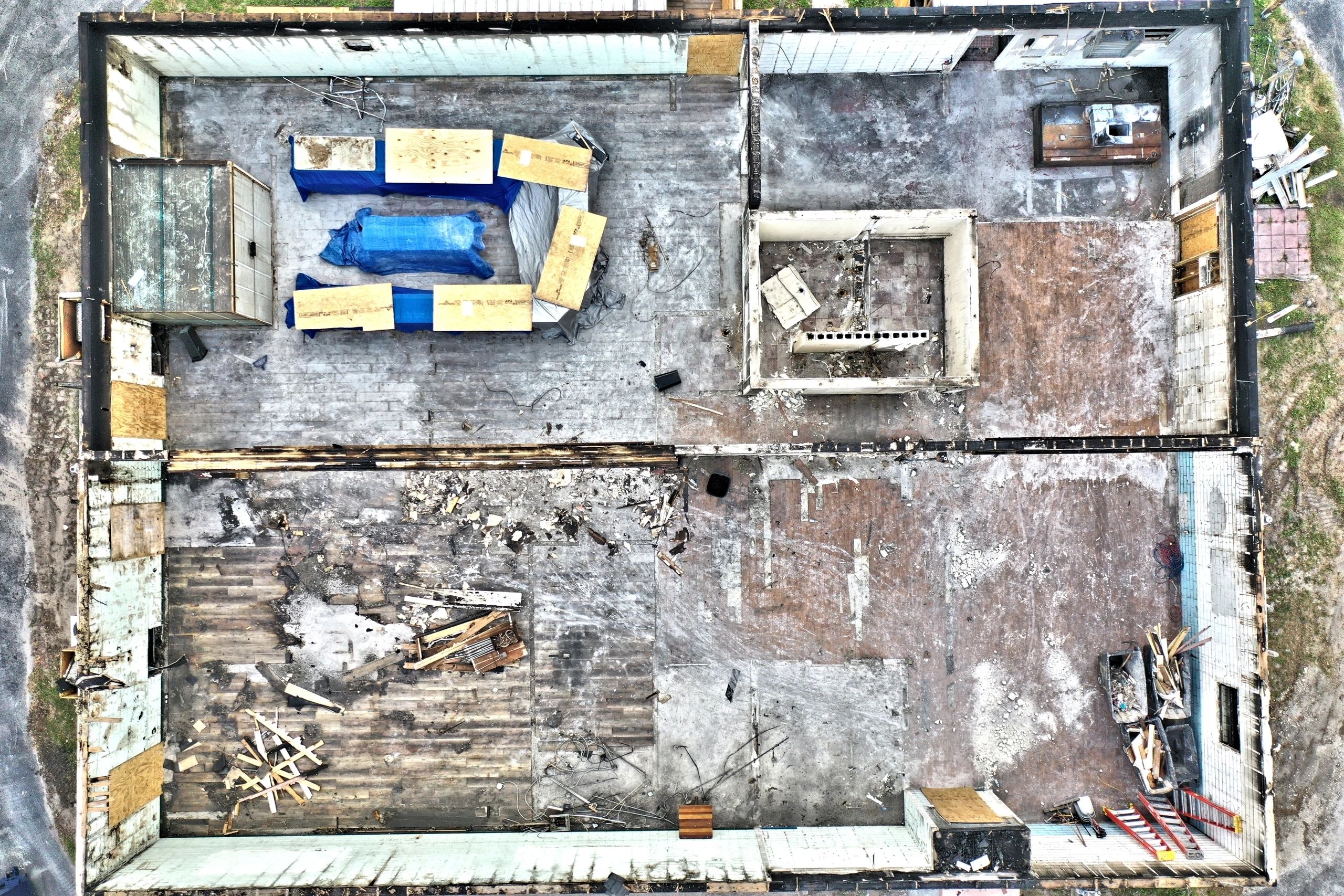 Top view of construction debris inside building