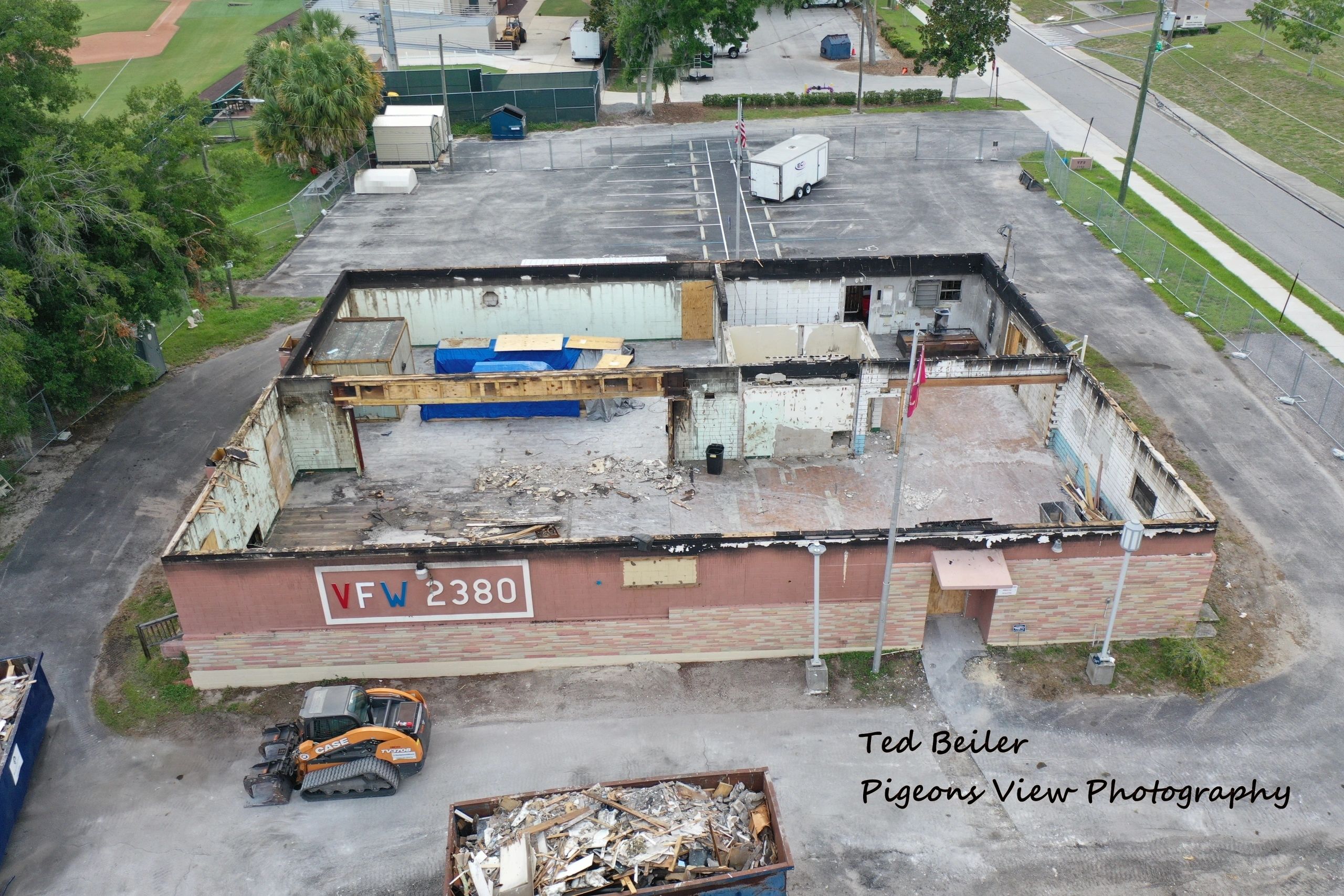 Aerial view of partially demolished structure