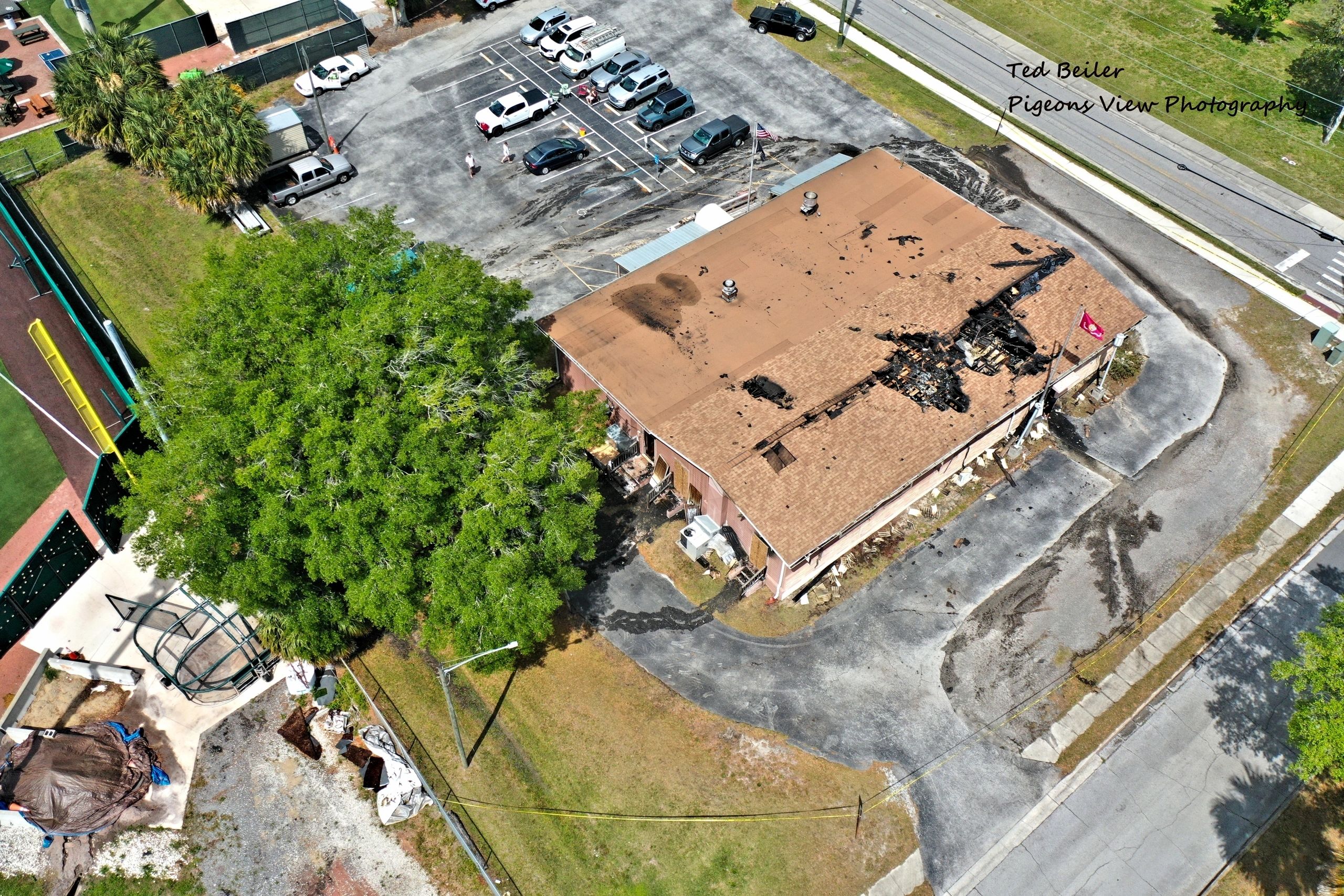 Aerial view of burned building