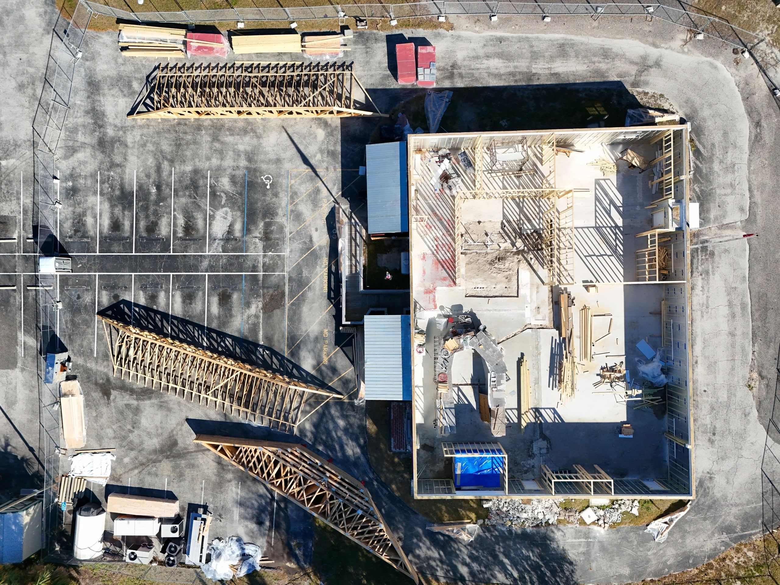 Aerial view of construction site with framework.