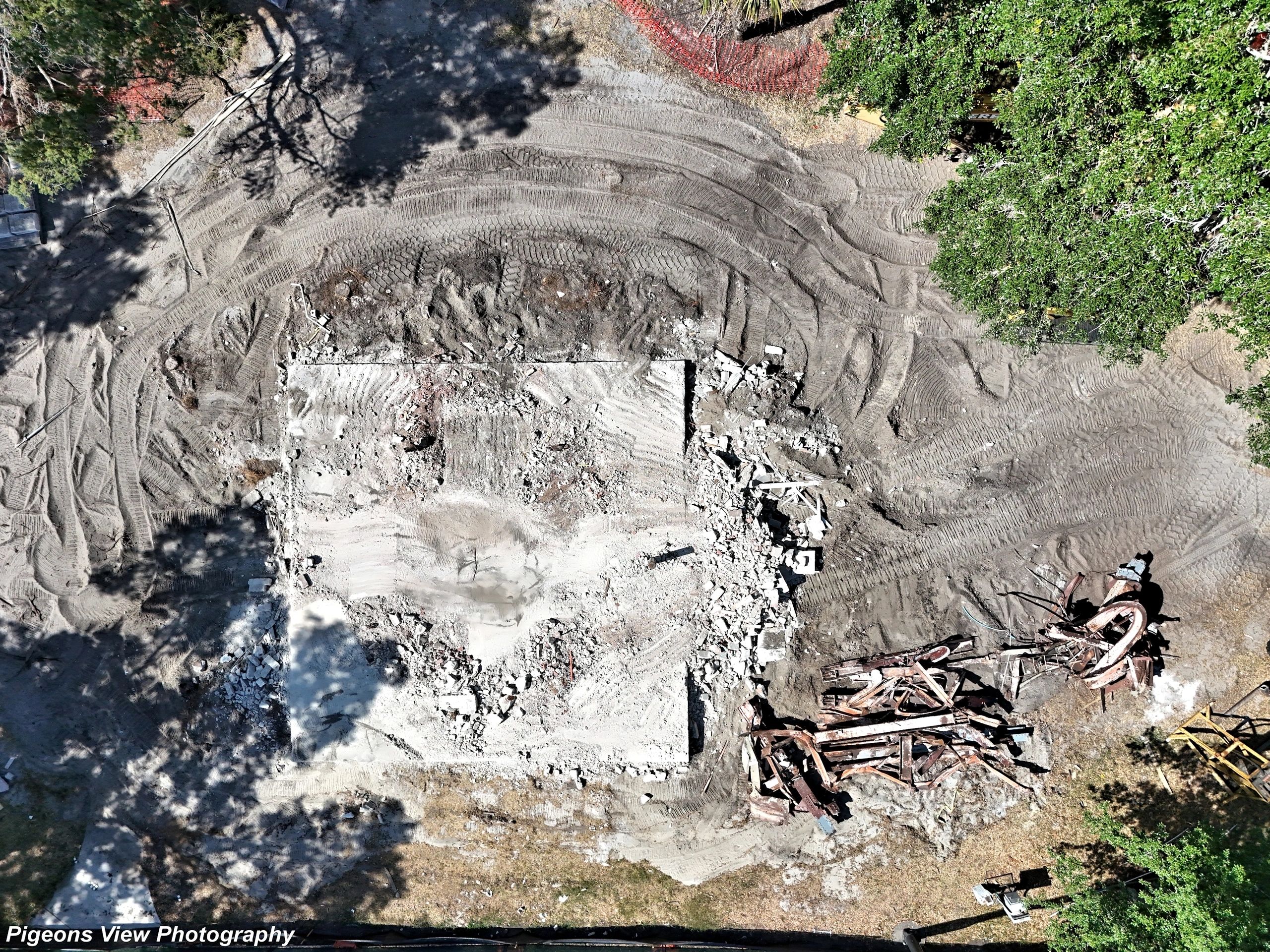 Concrete rubble at construction site aerial view