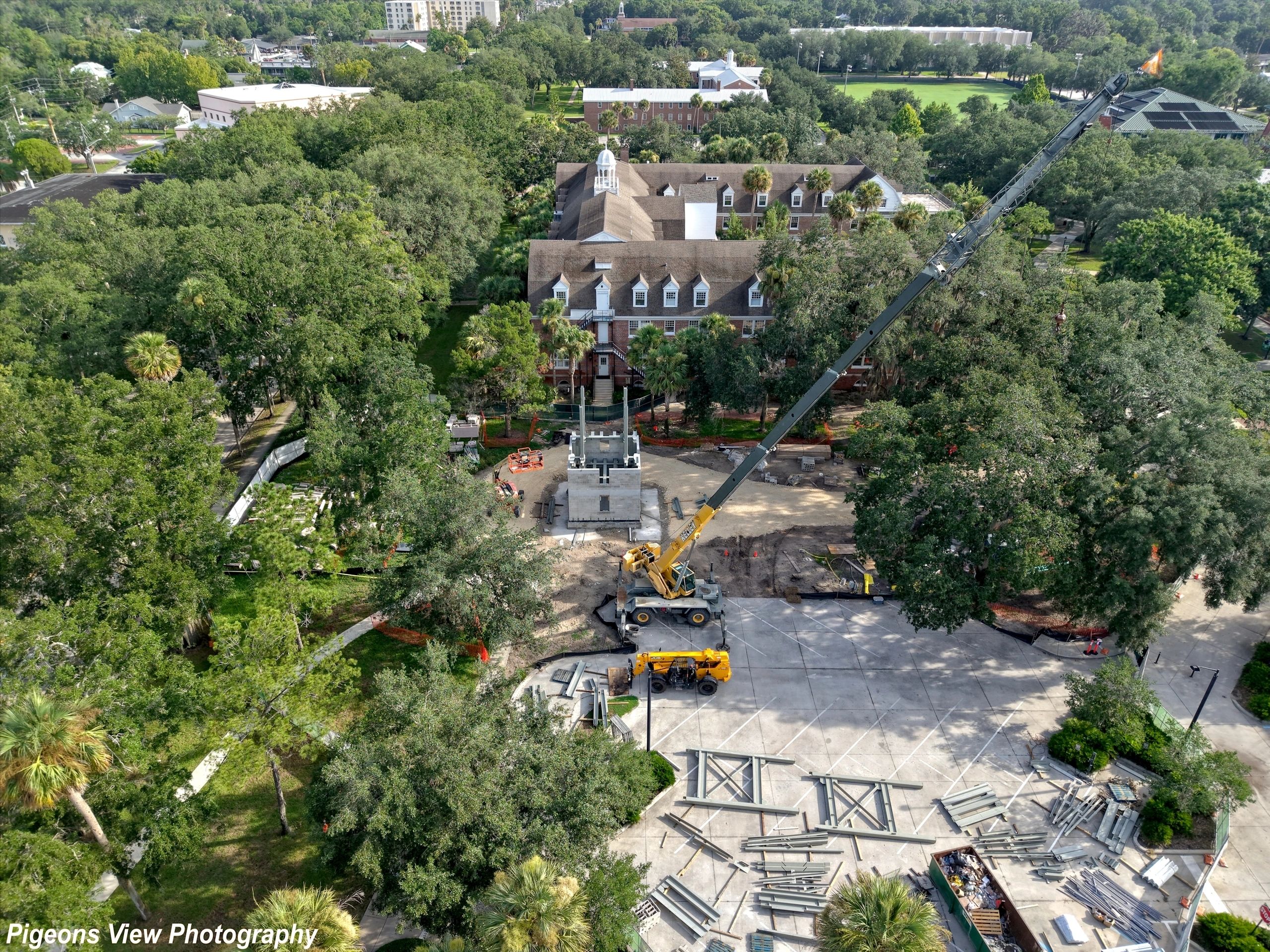Aerial view of construction site and buildings