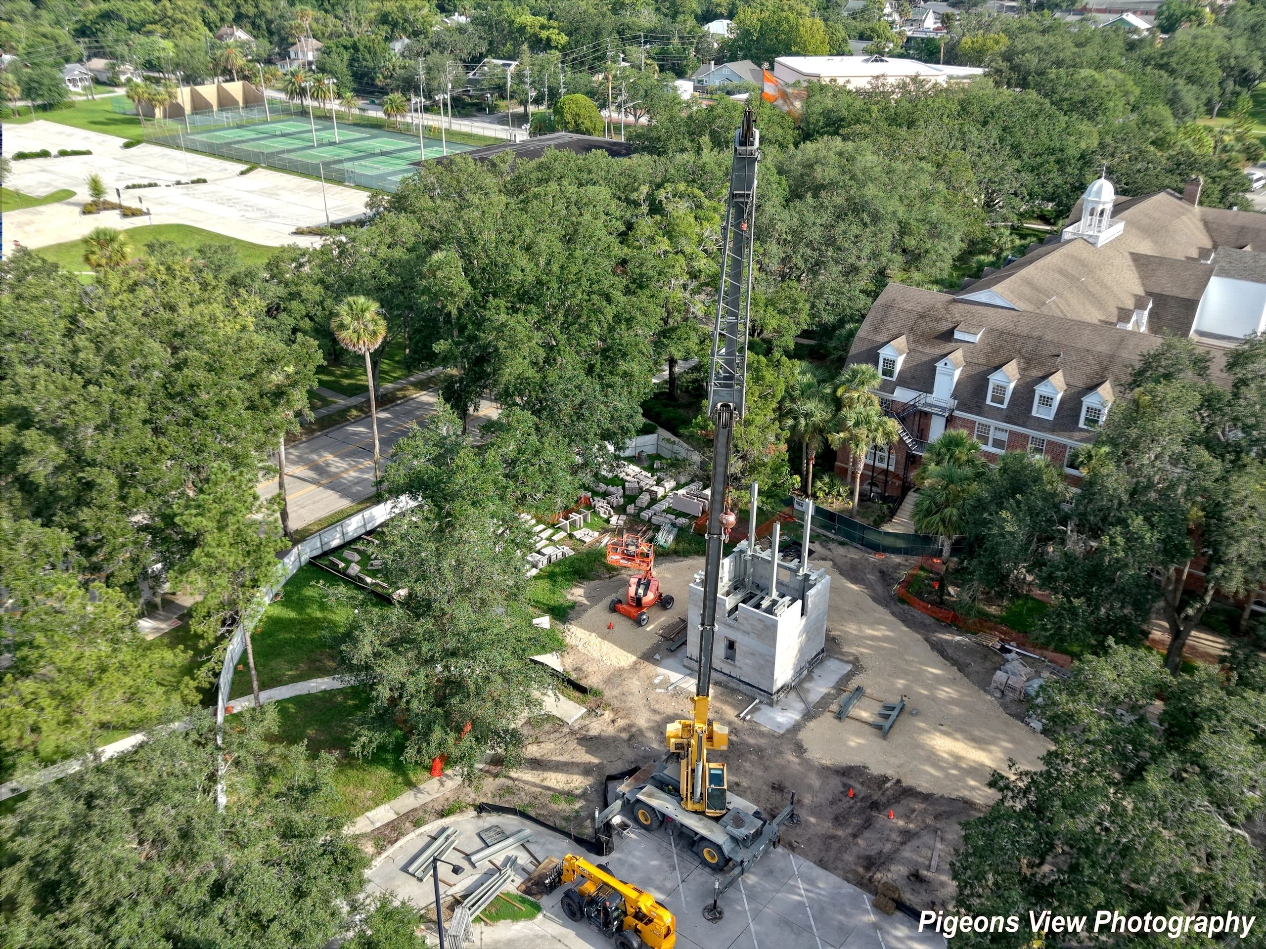 Aerial view of construction and greenery