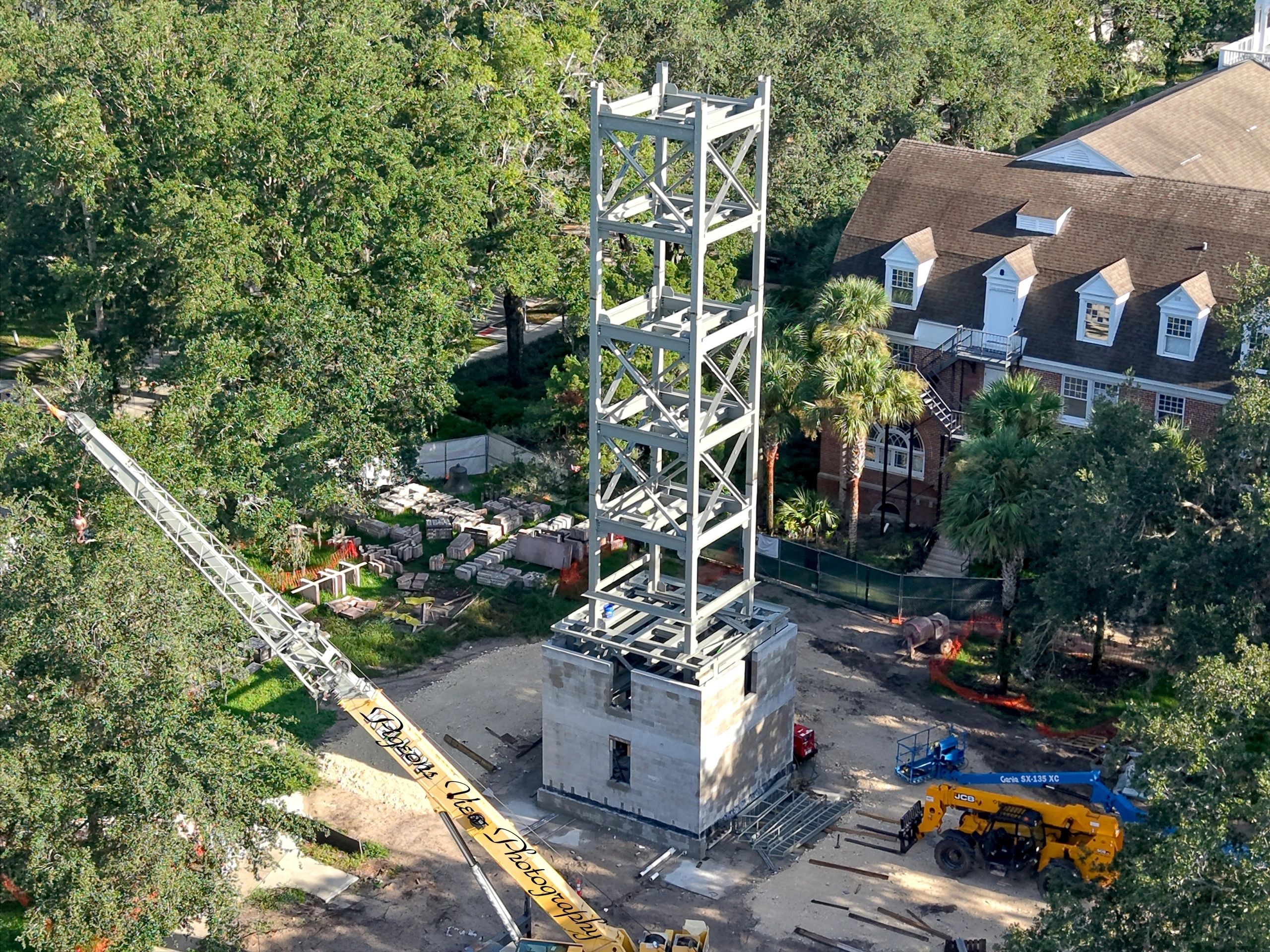 Building framework amidst trees and crane