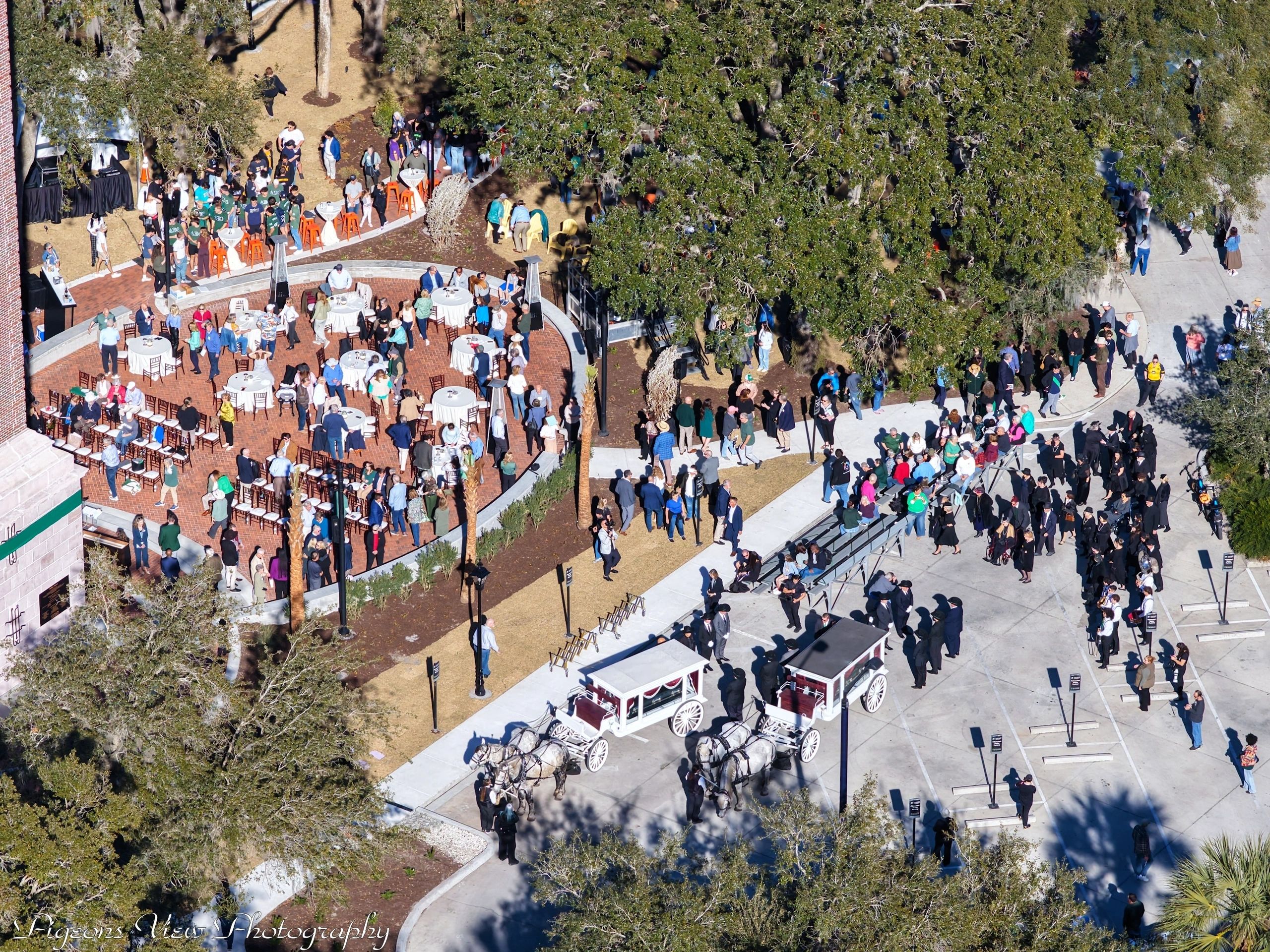 Aerial view of people gathering outside