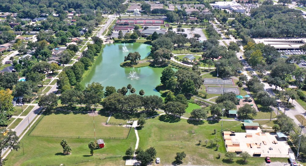 Scenic park with trees and buildings