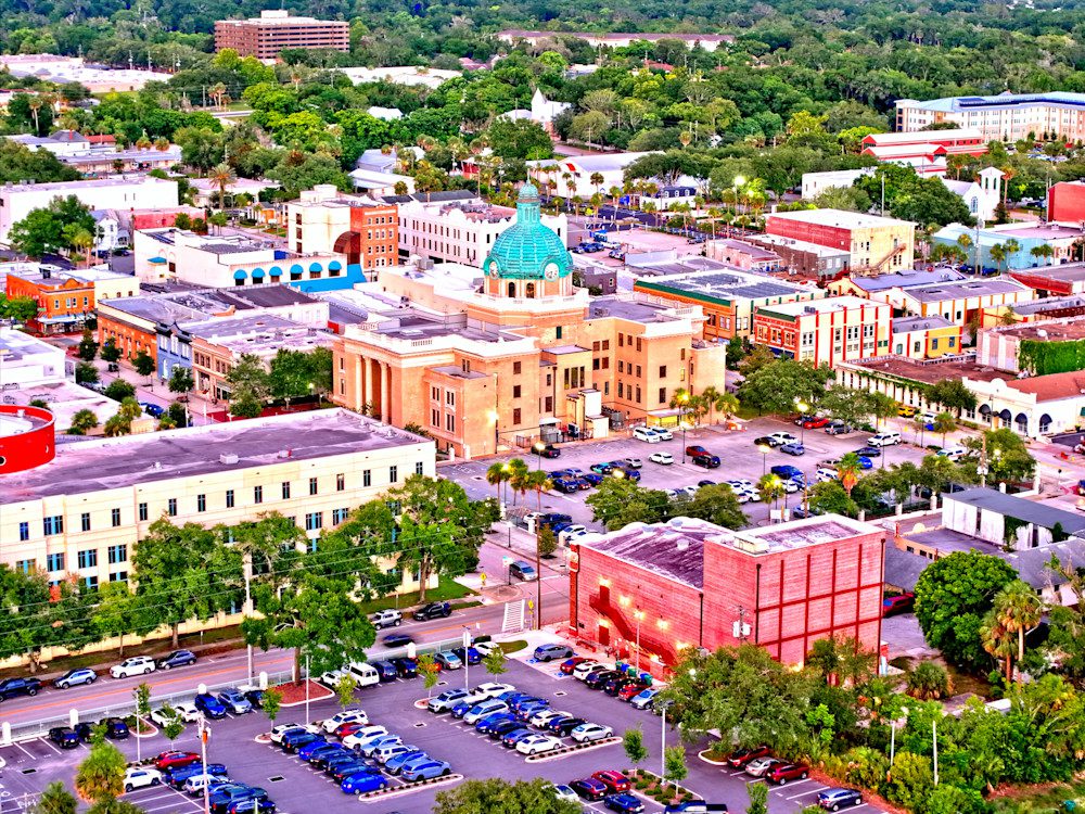 Vibrant town center with parking lot