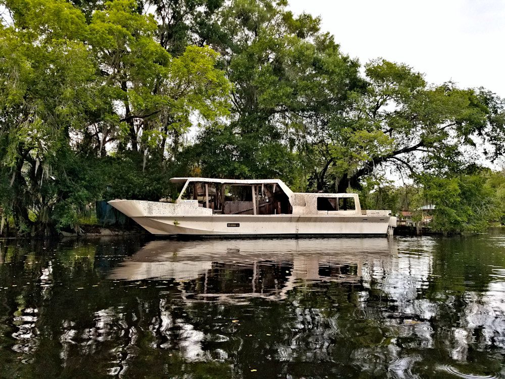 Houseboat surrounded by lush trees