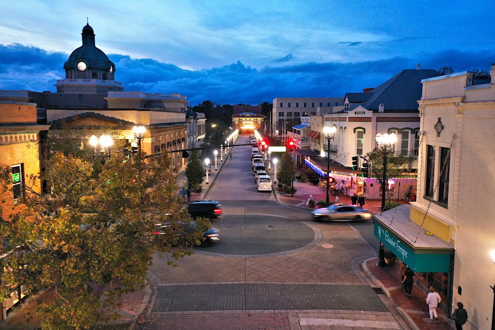 Downtown area with streetlights