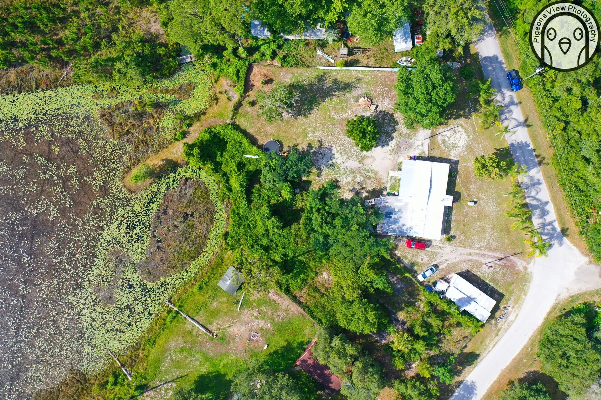 Overhead shot of countryside landscape with house