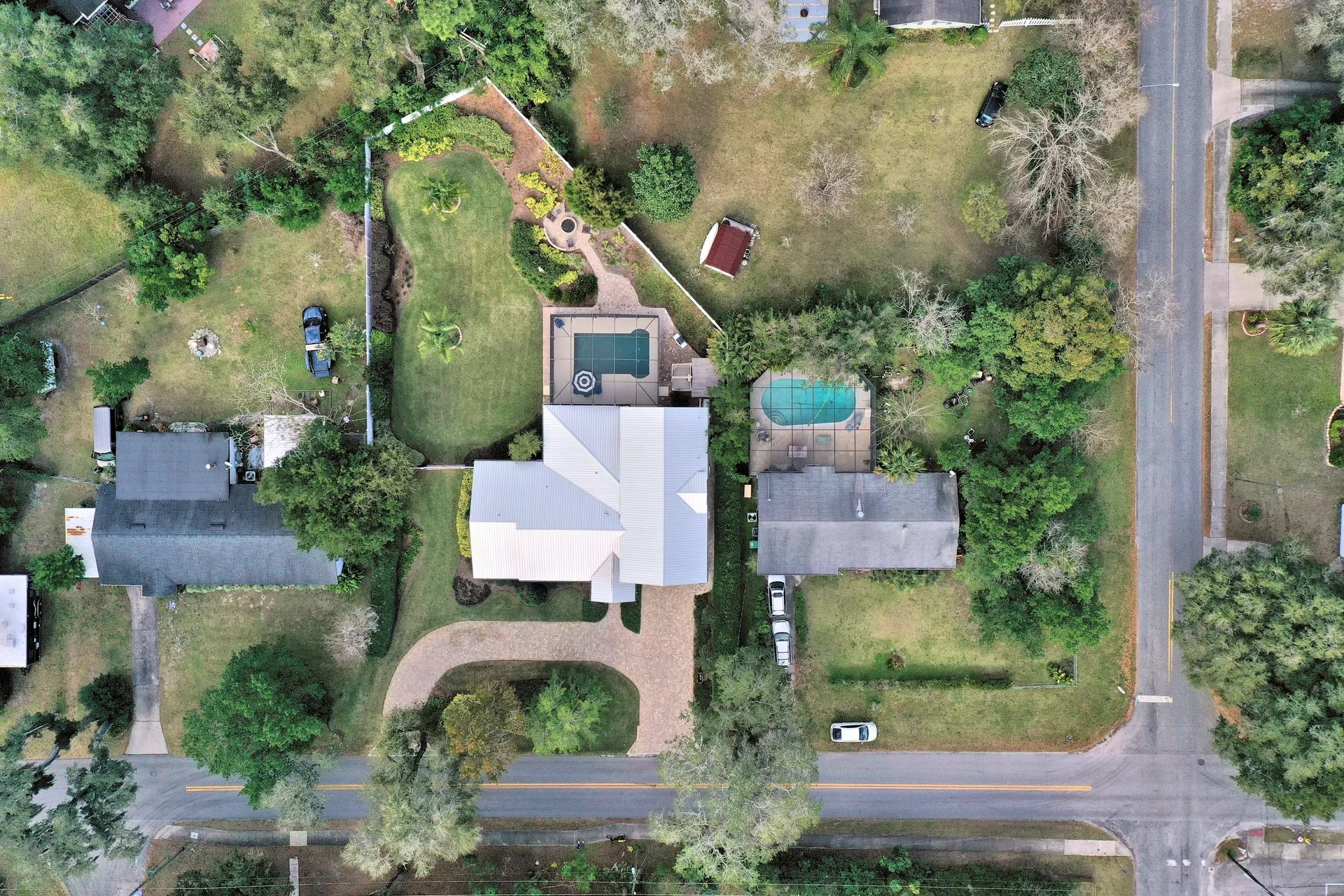 Aerial view of suburban homes and gardens