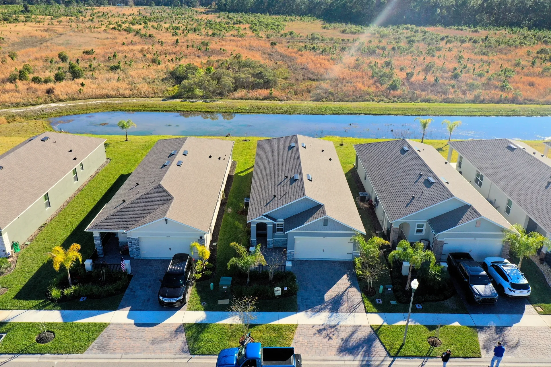 Row of houses by water feature