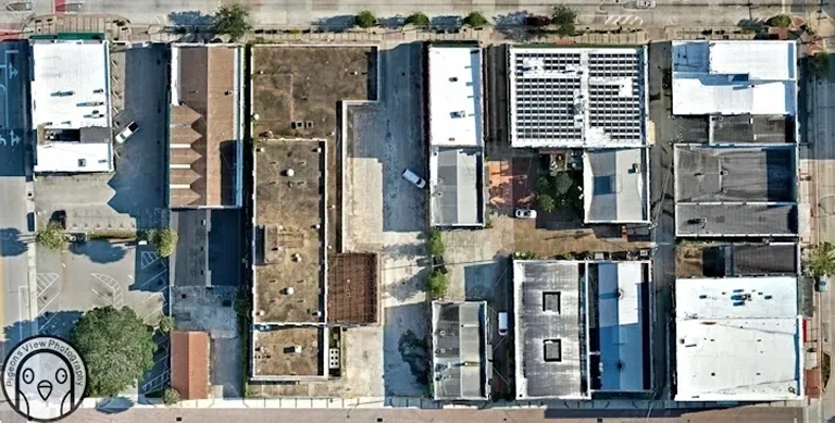 Overhead shot of city block structures