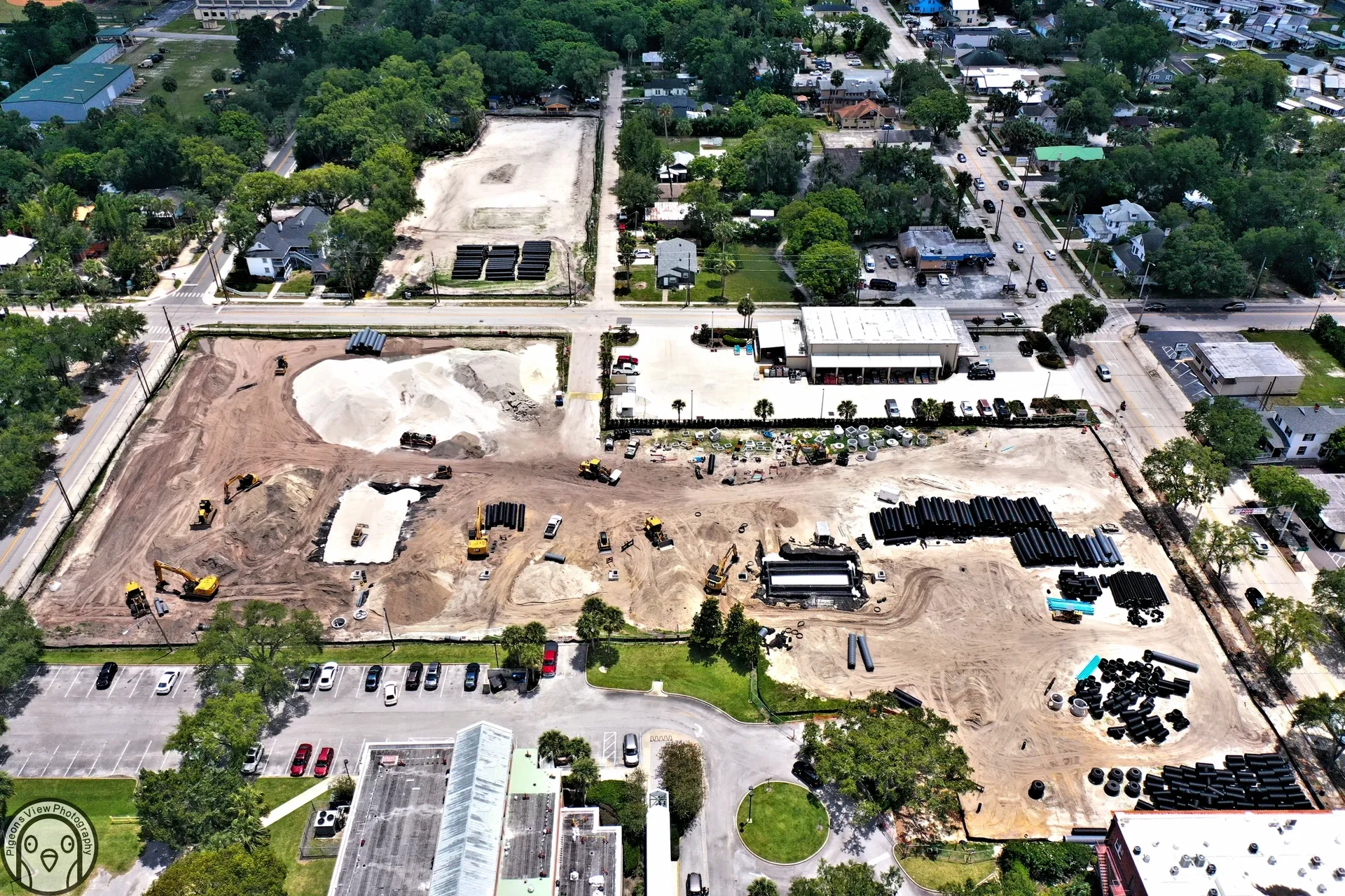 Construction site aerial view with equipment
