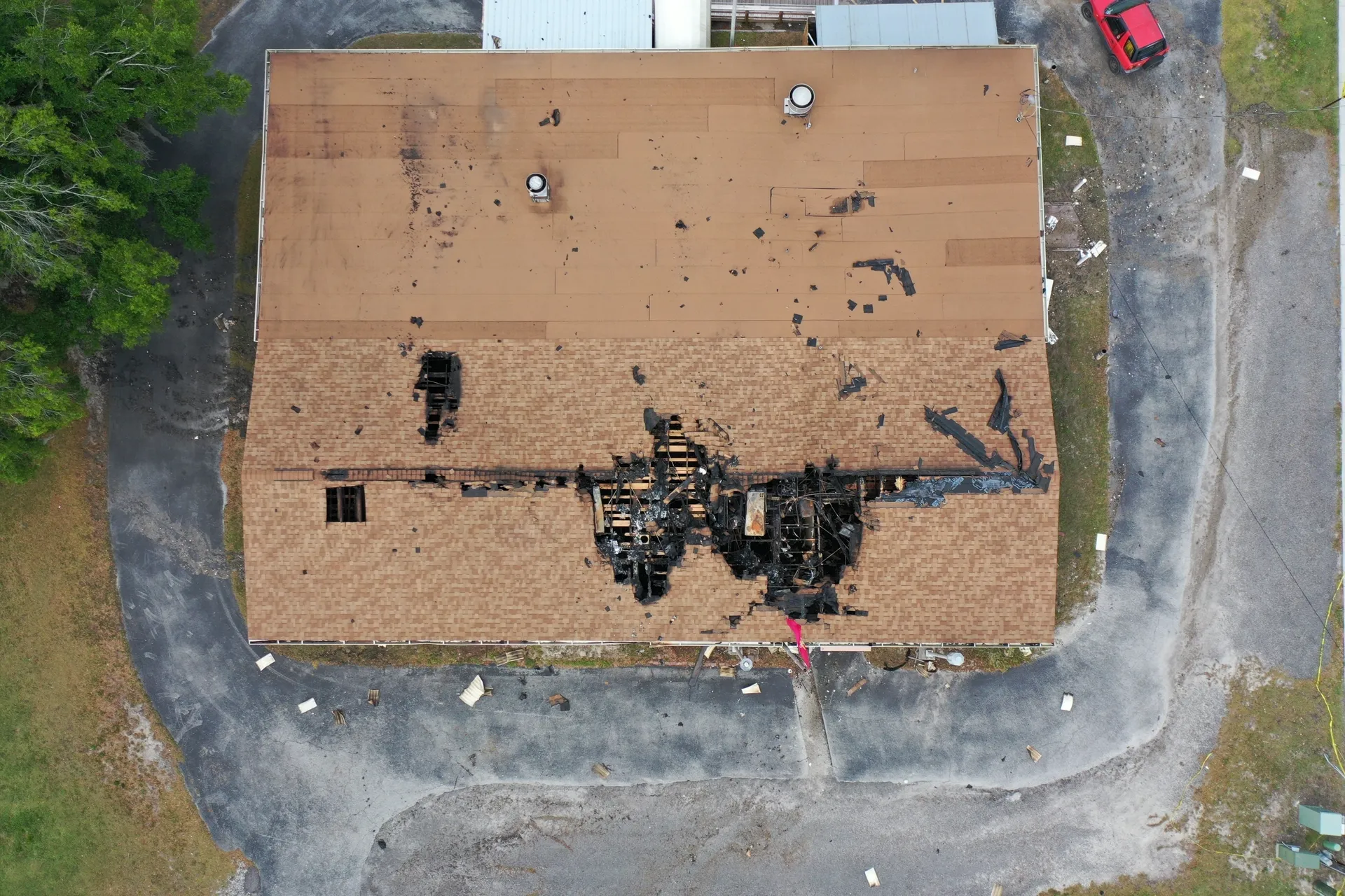 Building roof showing extensive fire damage