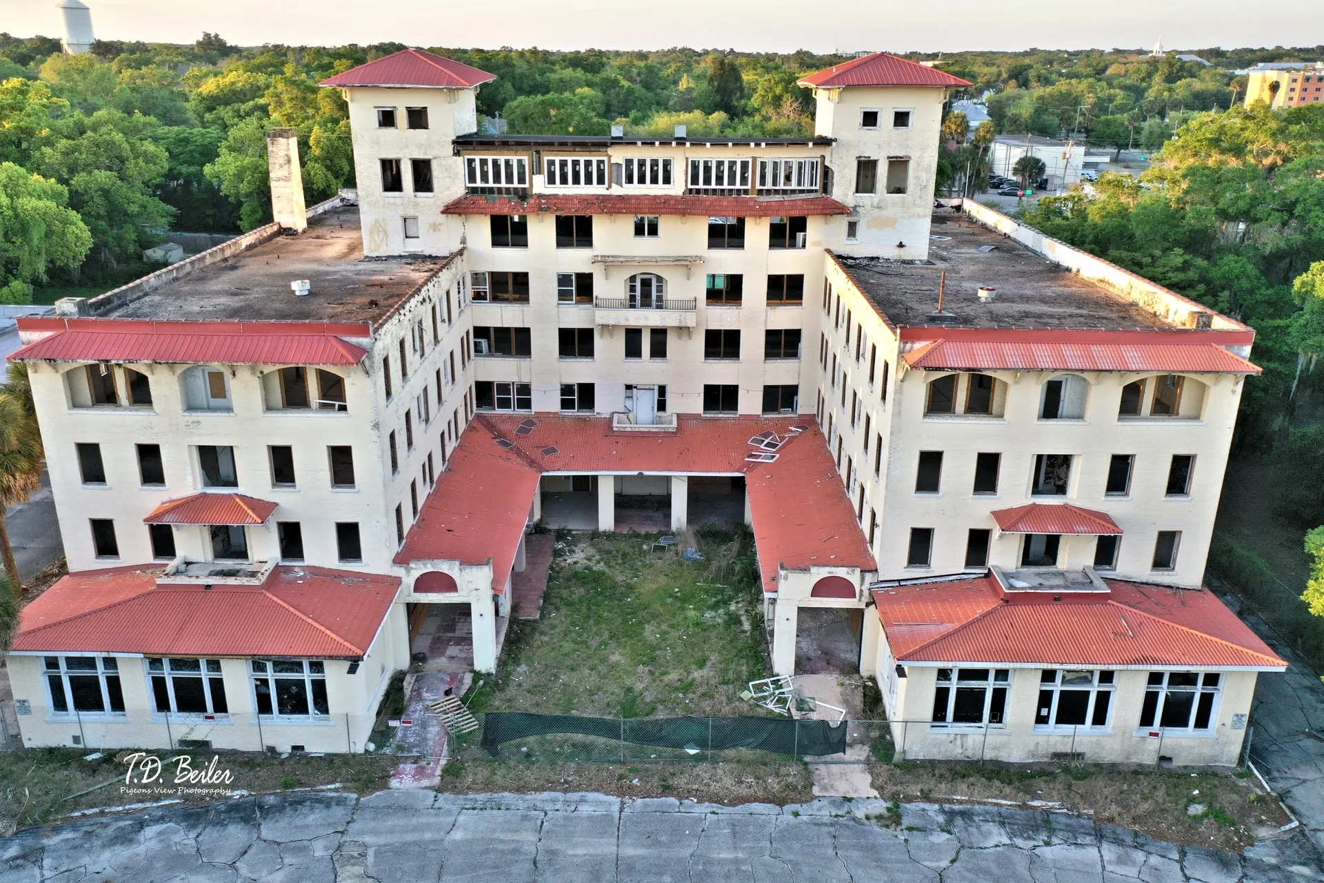 Large deserted building aerial view