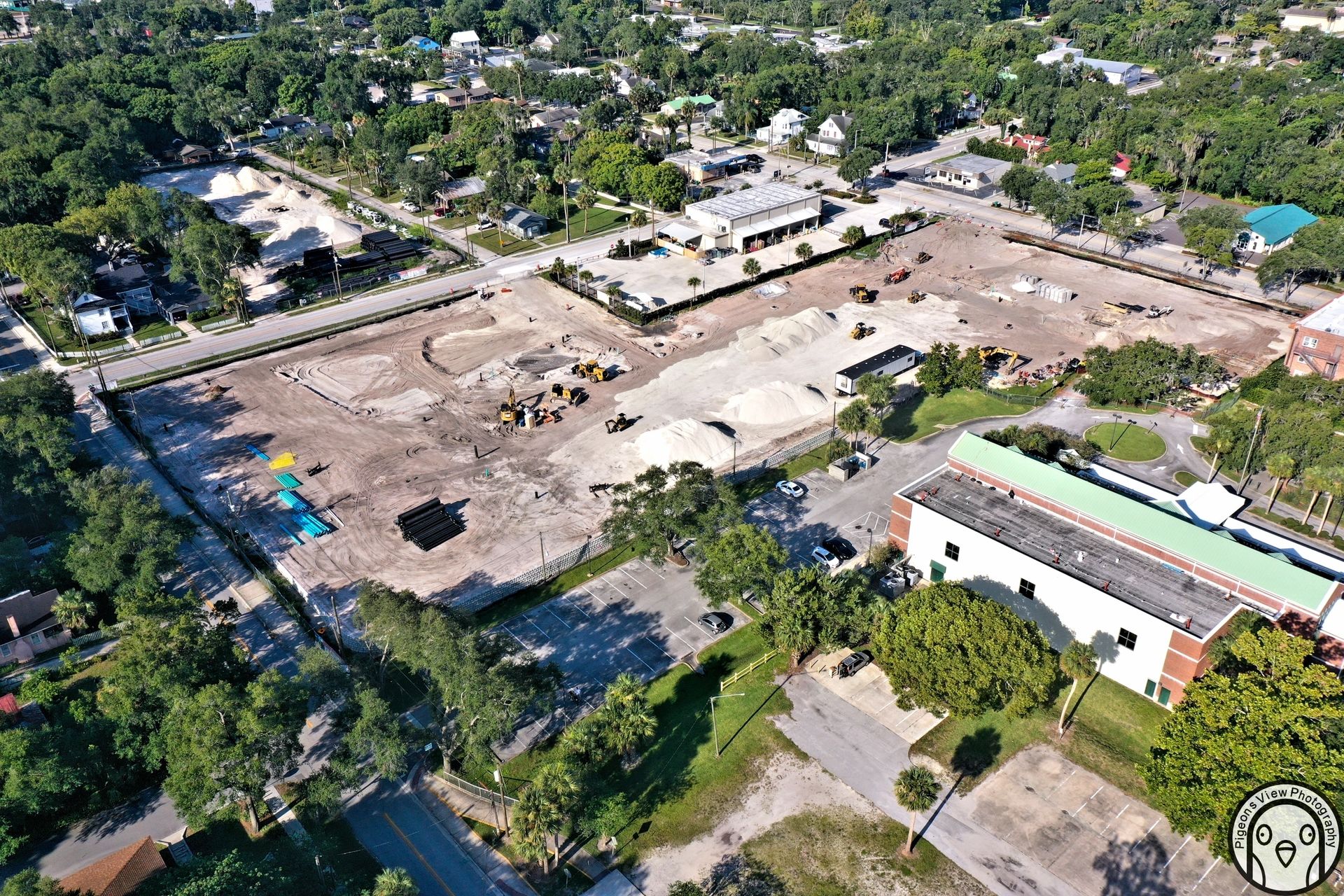 Aerial shot of construction area and buildings