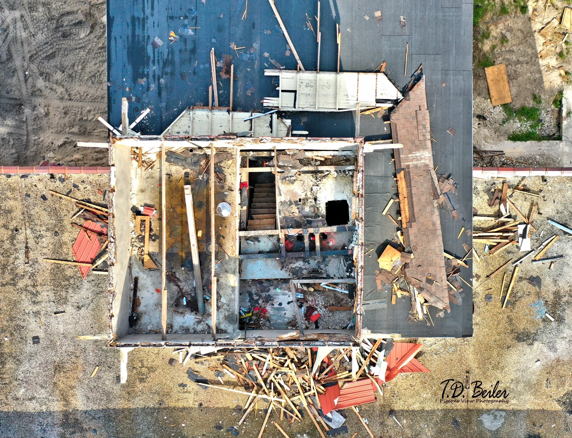 Building debris scattered after storm damage