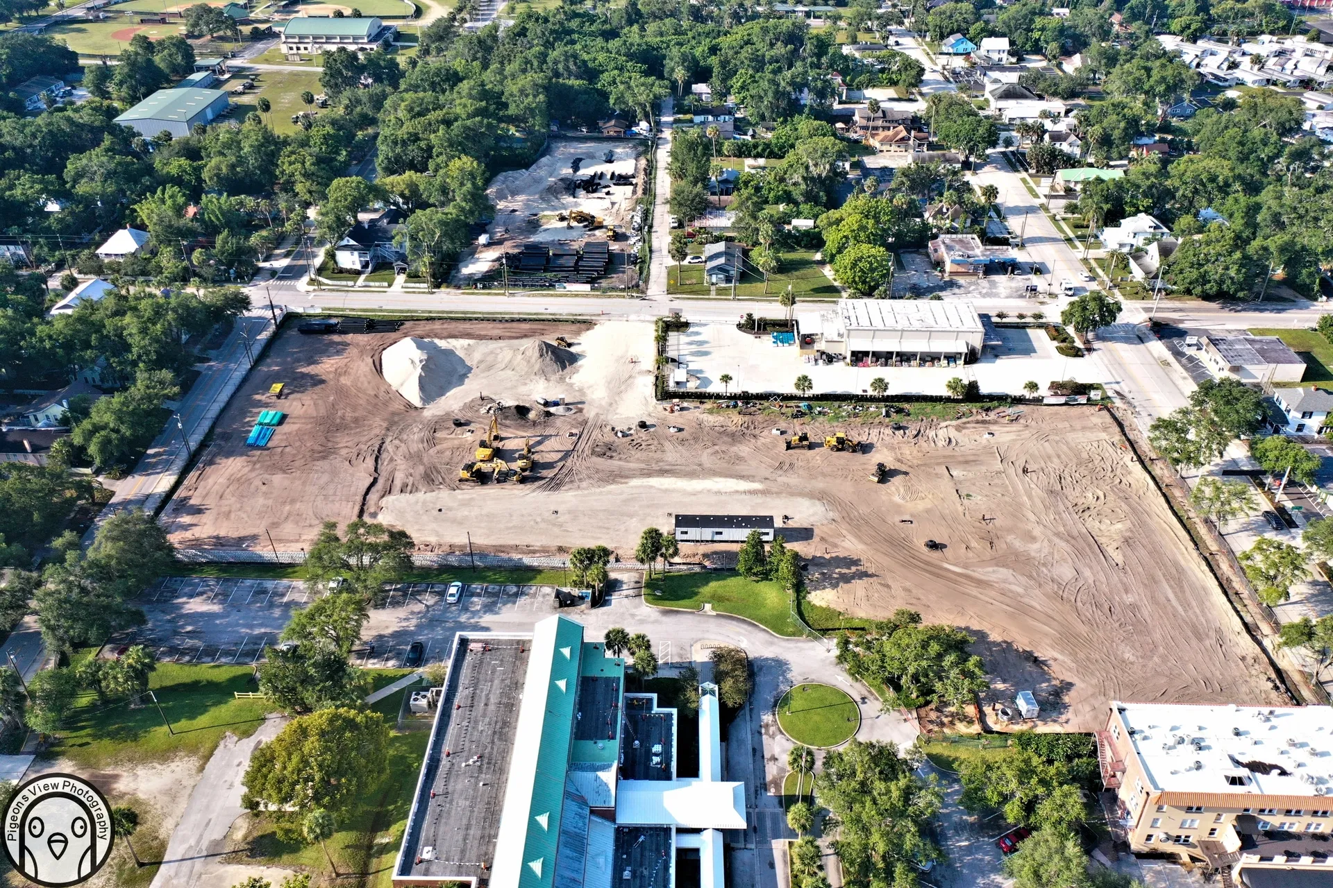 Aerial view of construction site progress