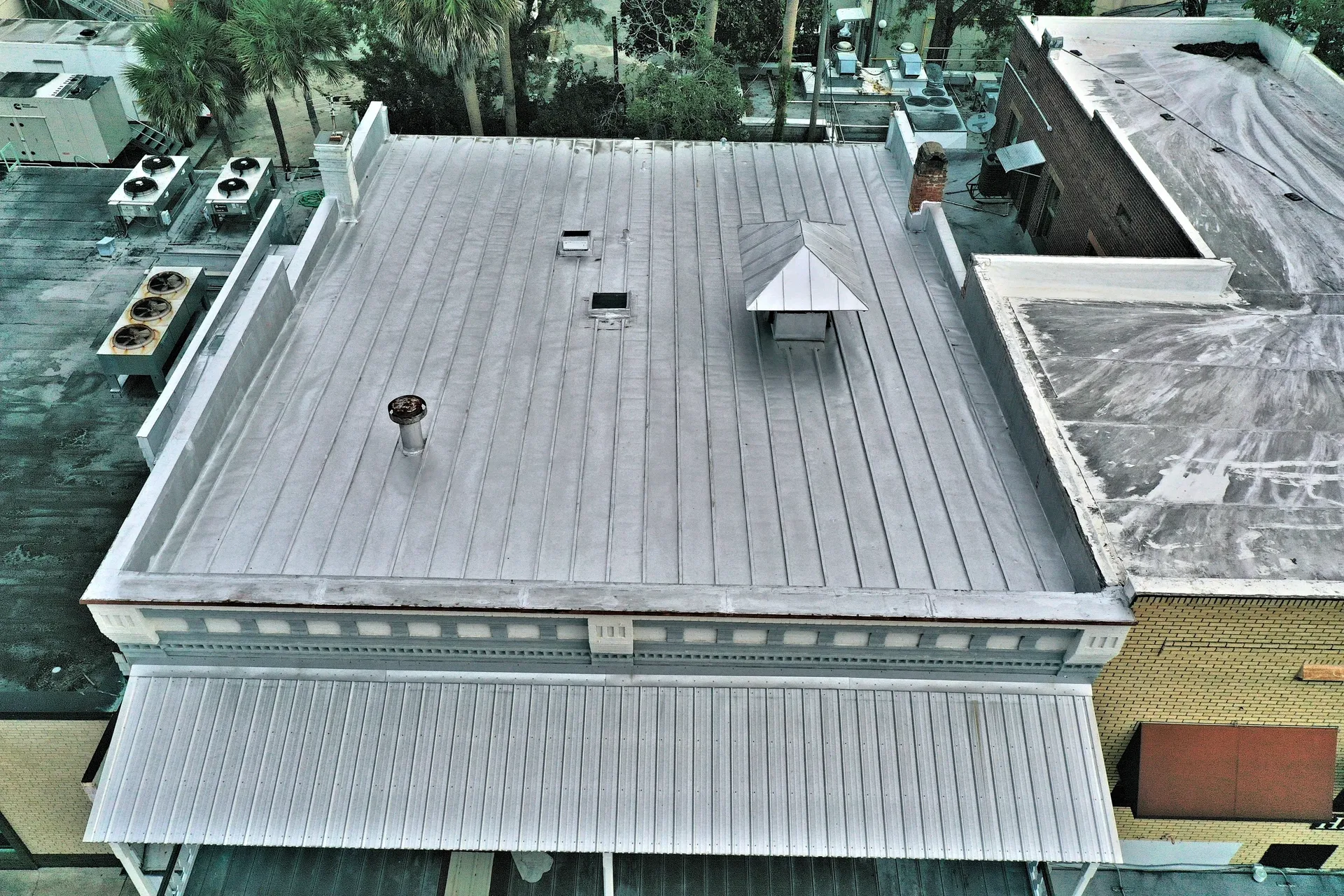 Aerial shot of flat building roof