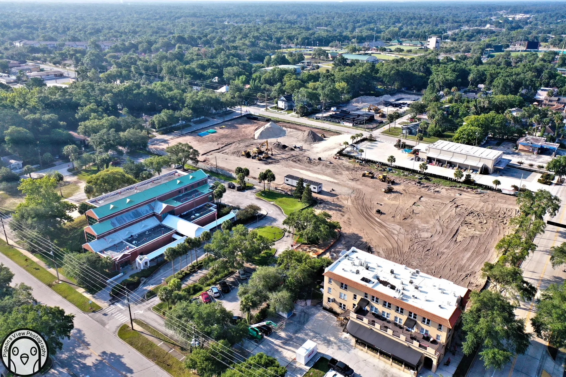 Urban landscape with construction and greenery