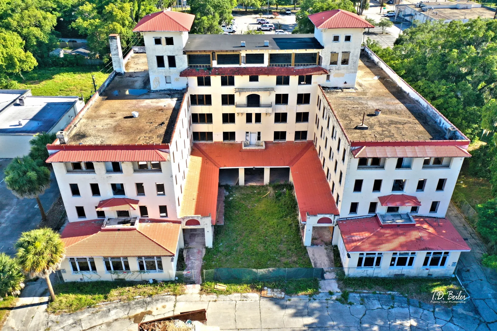 Aerial view of a large, old structure