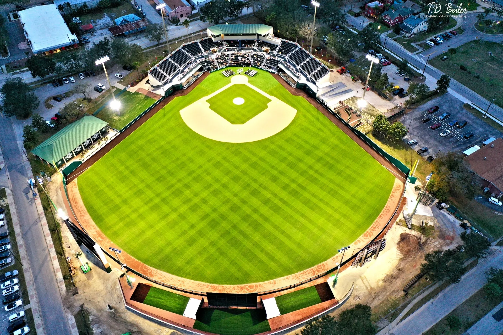 Baseball stadium aerial view at night