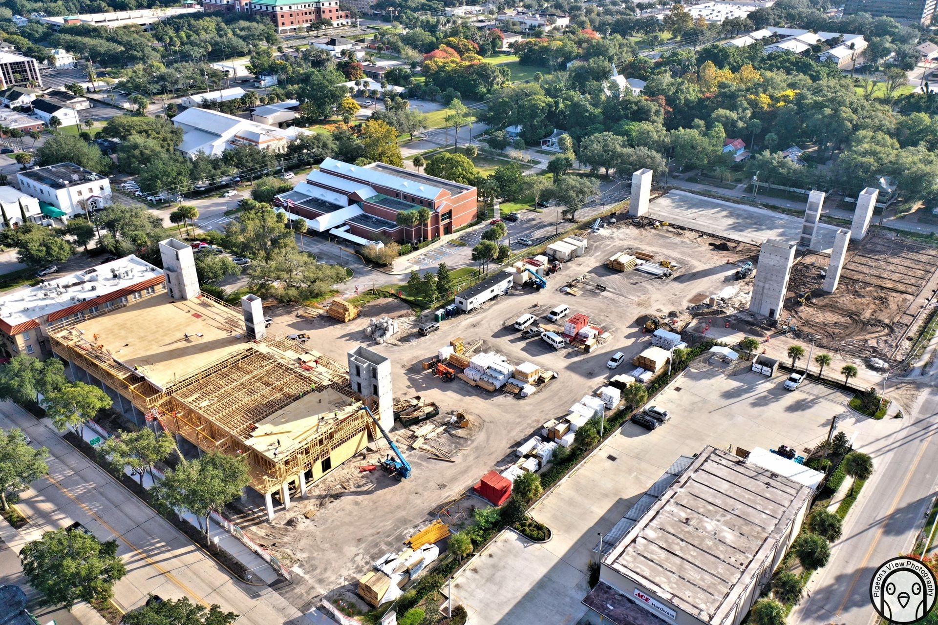 Construction site with buildings and machinery