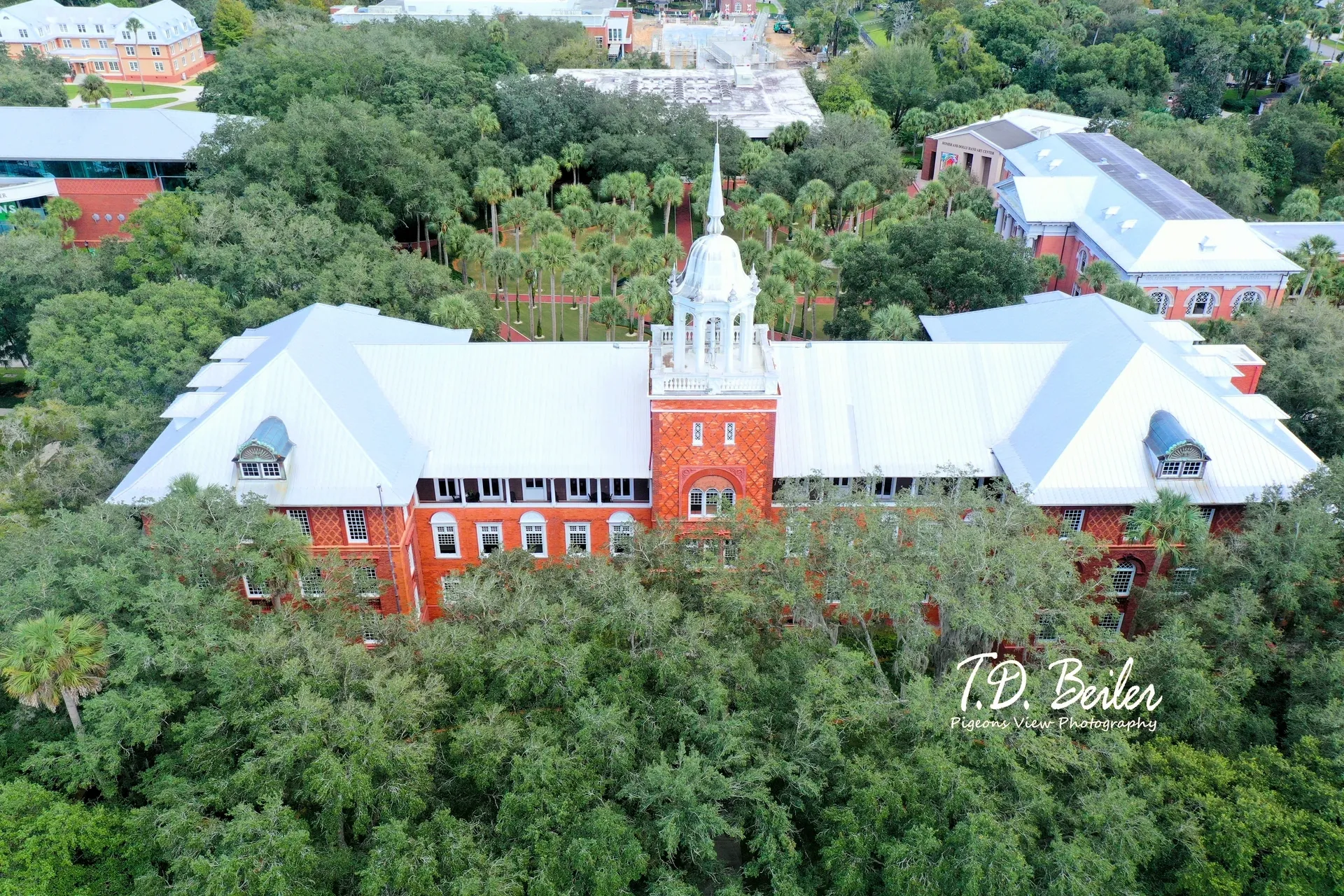Aerial view of a red brick structure