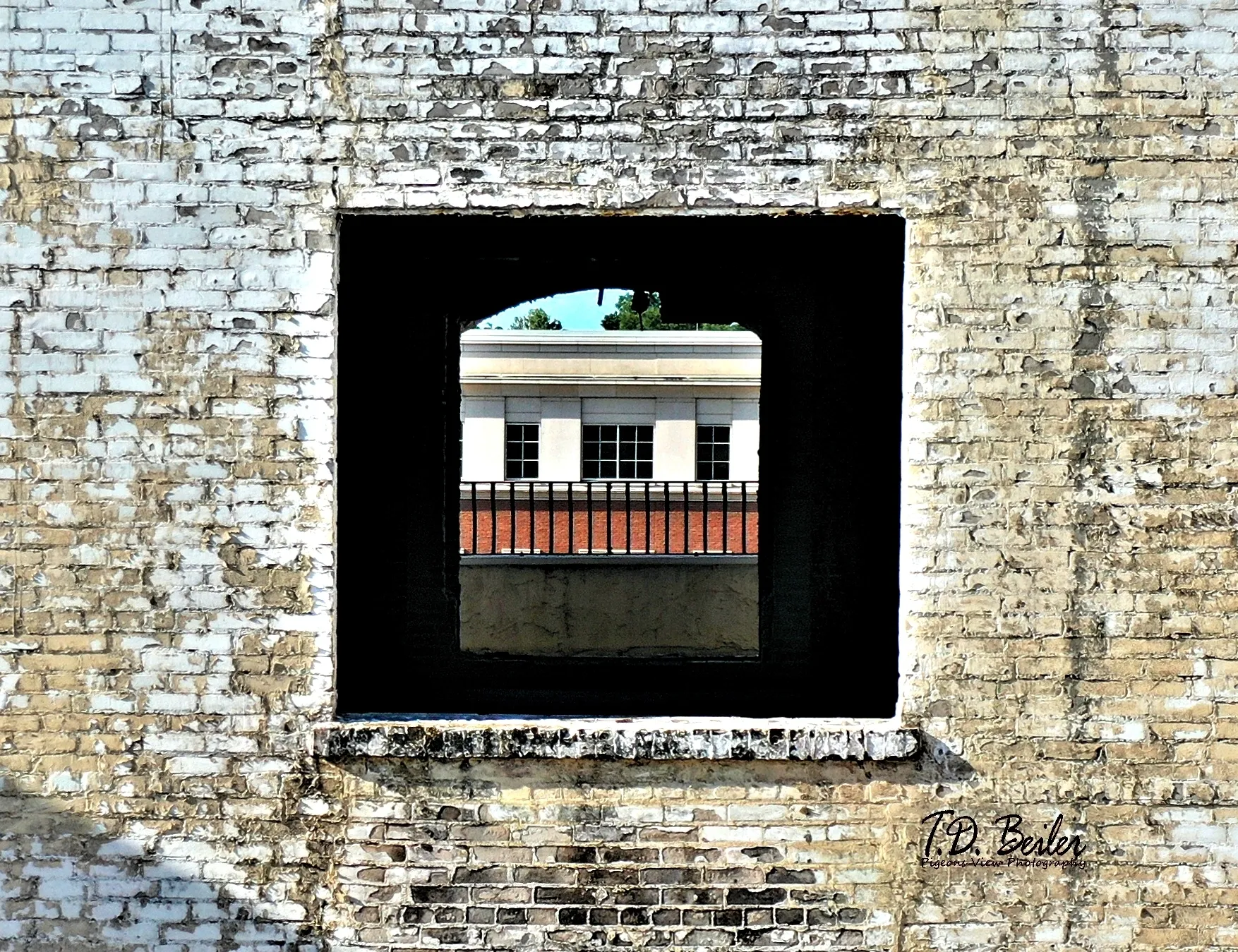 View through aged brick wall window