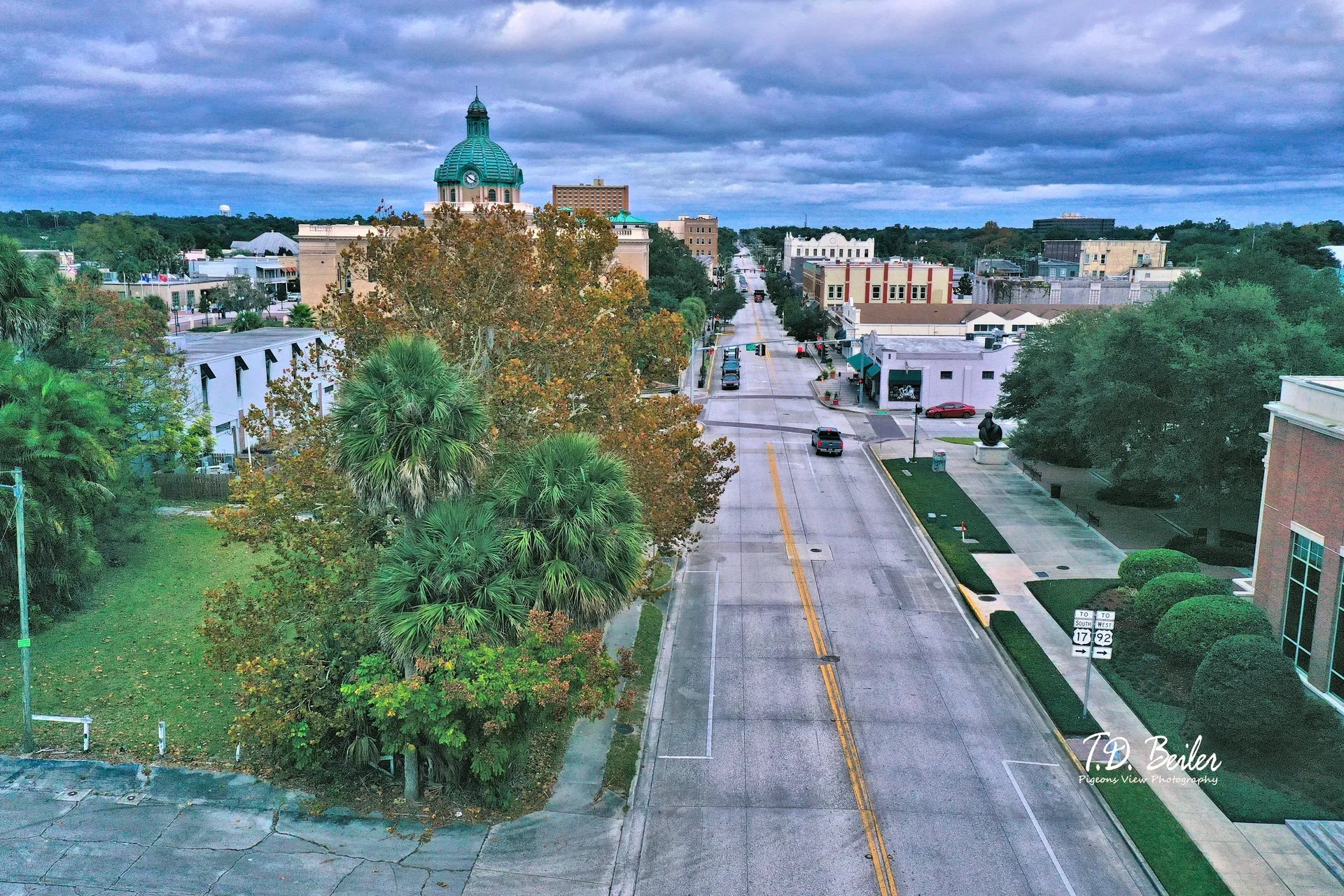 Tree-lined road under cloudy sky