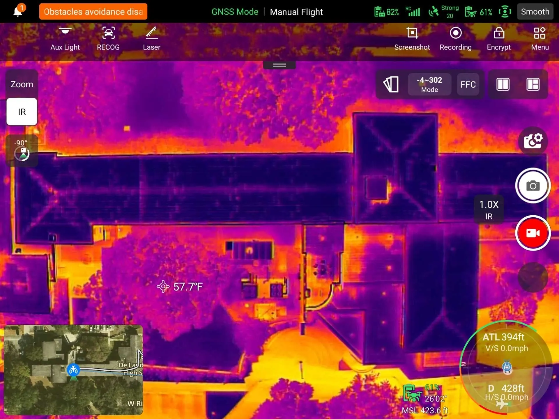Infrared image showing building heat patterns