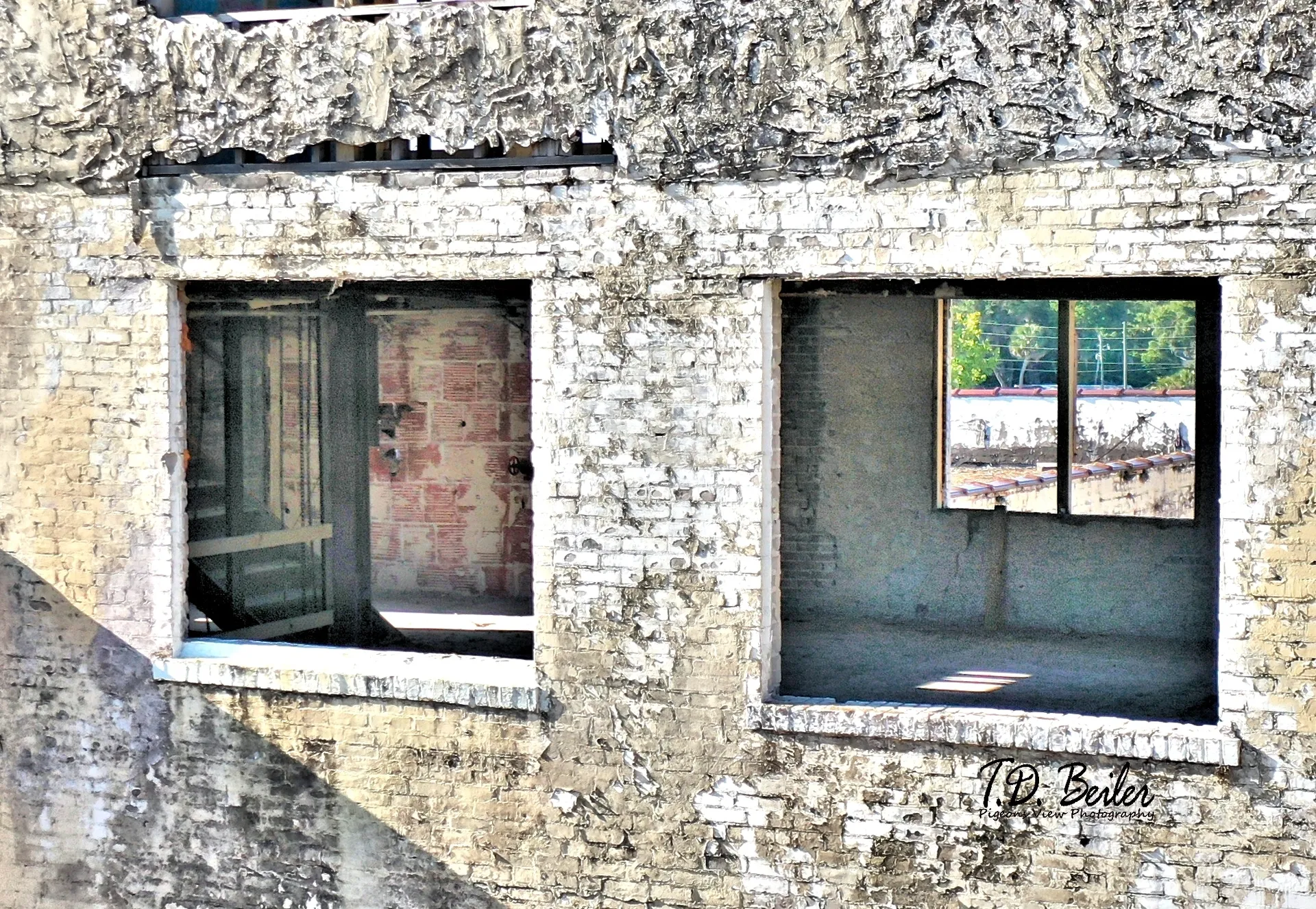 Sunlit interior through broken windows.