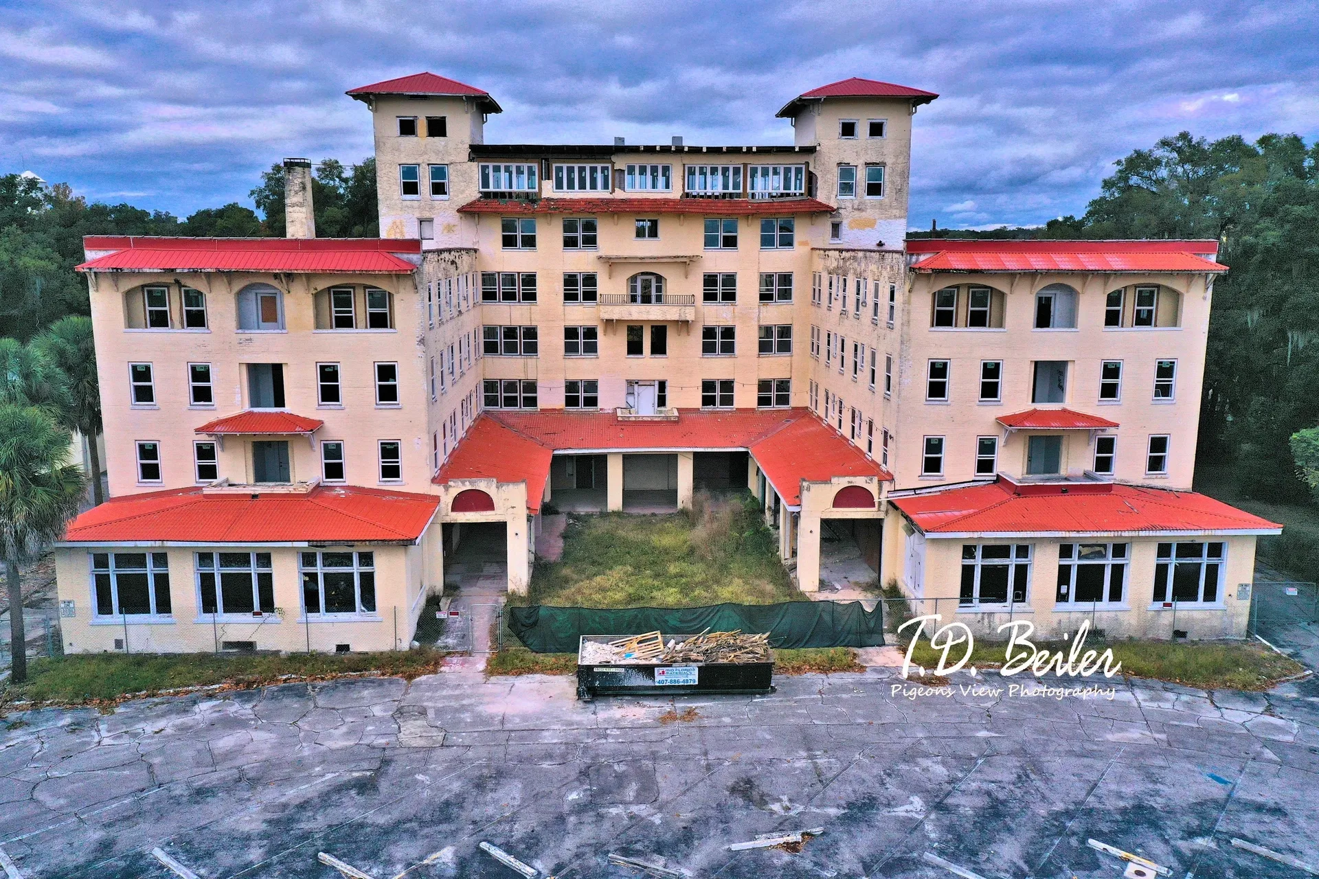 Vintage multi-story structure at dusk