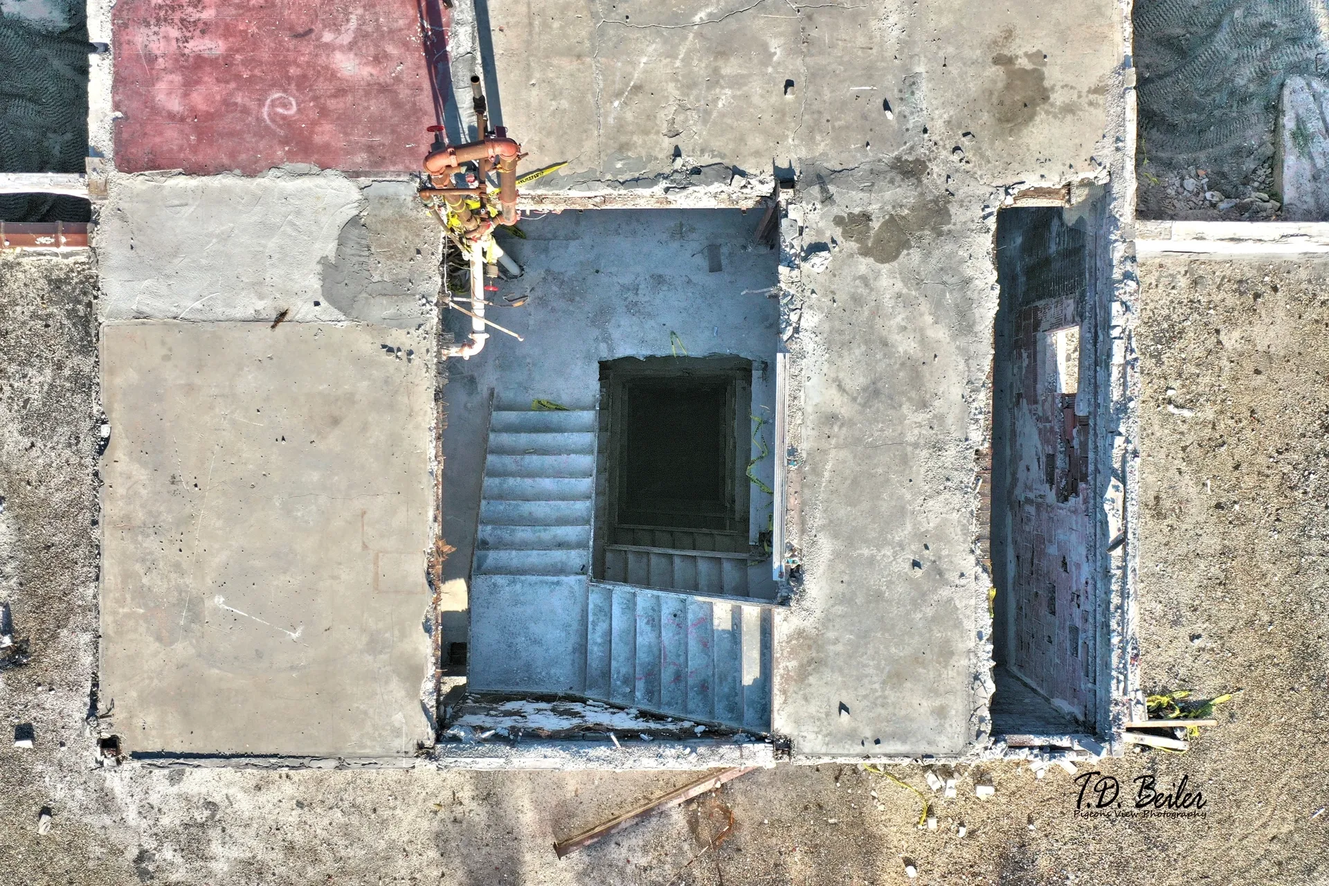 Aerial view of abandoned building staircase