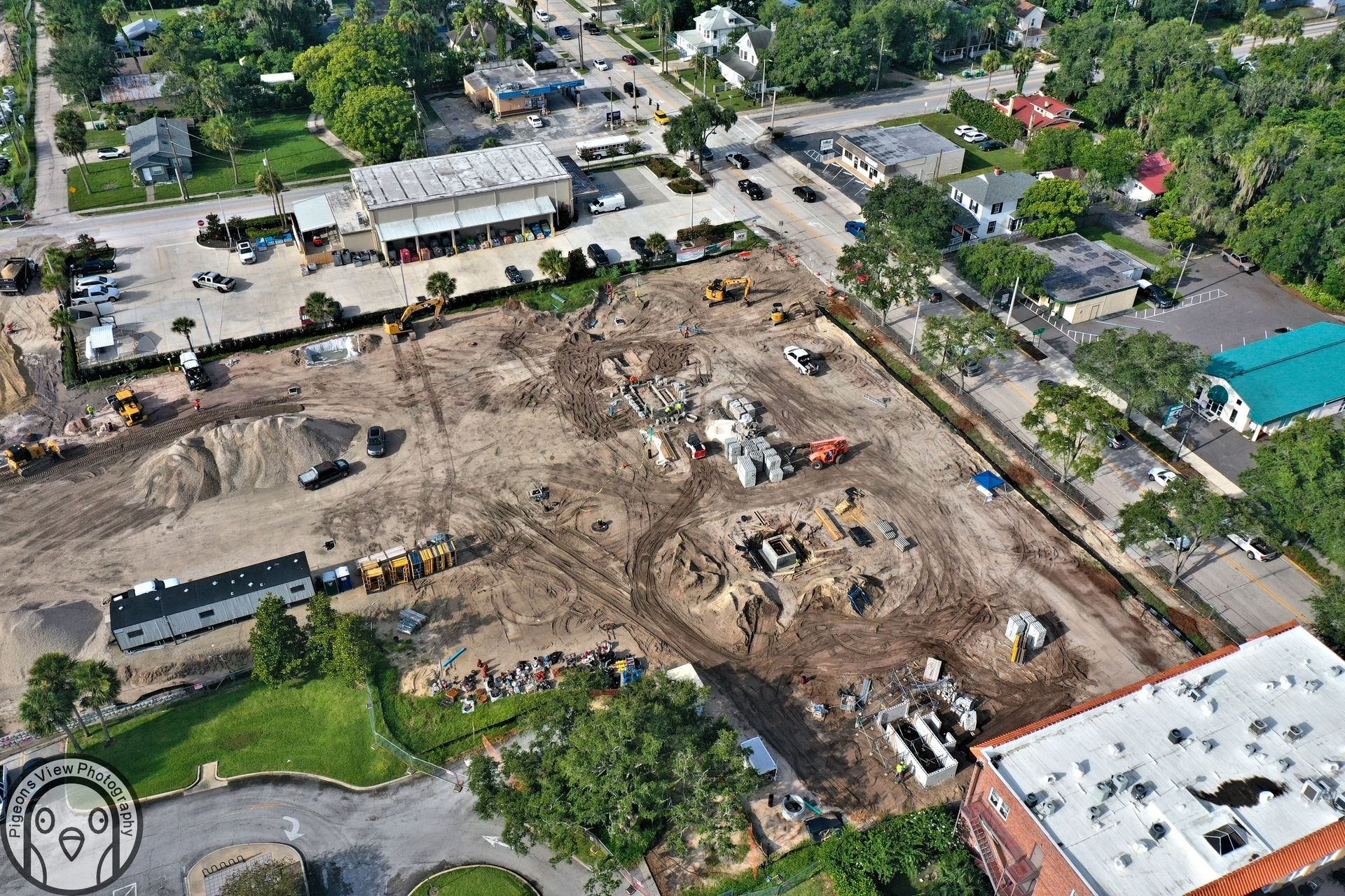 Construction site aerial view with machinery
