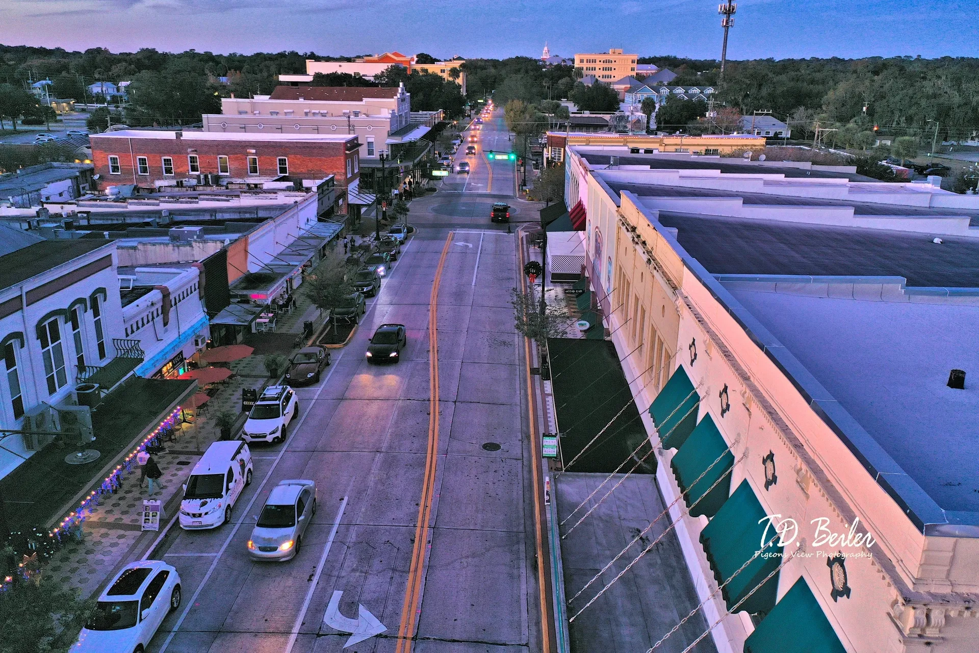 Small town street at dusk