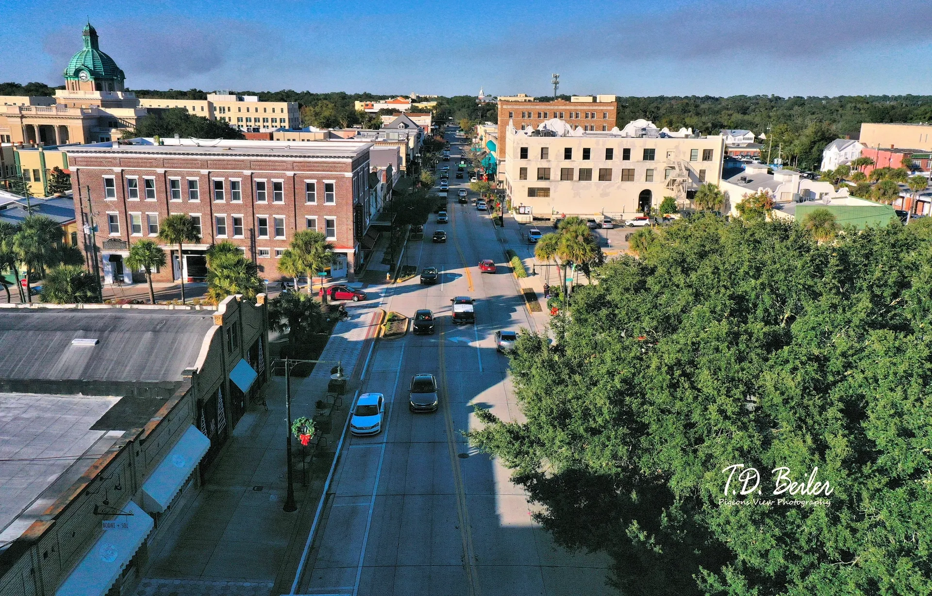 Aerial view of a small town street