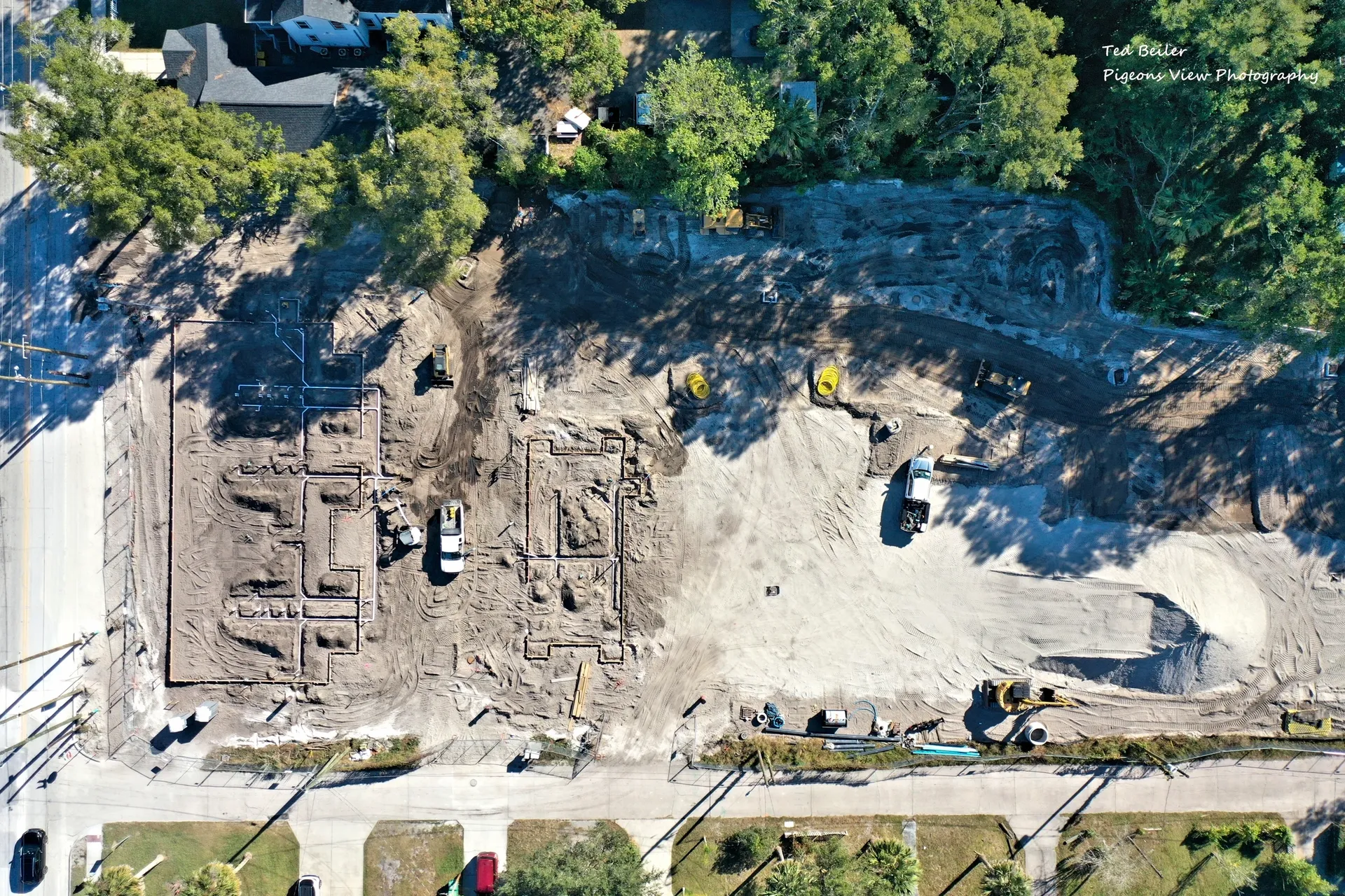 Aerial view of building foundations and equipment