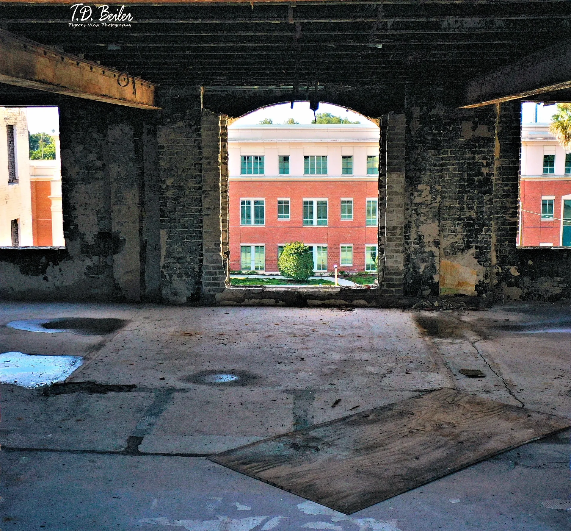 Abandoned building interior with window view