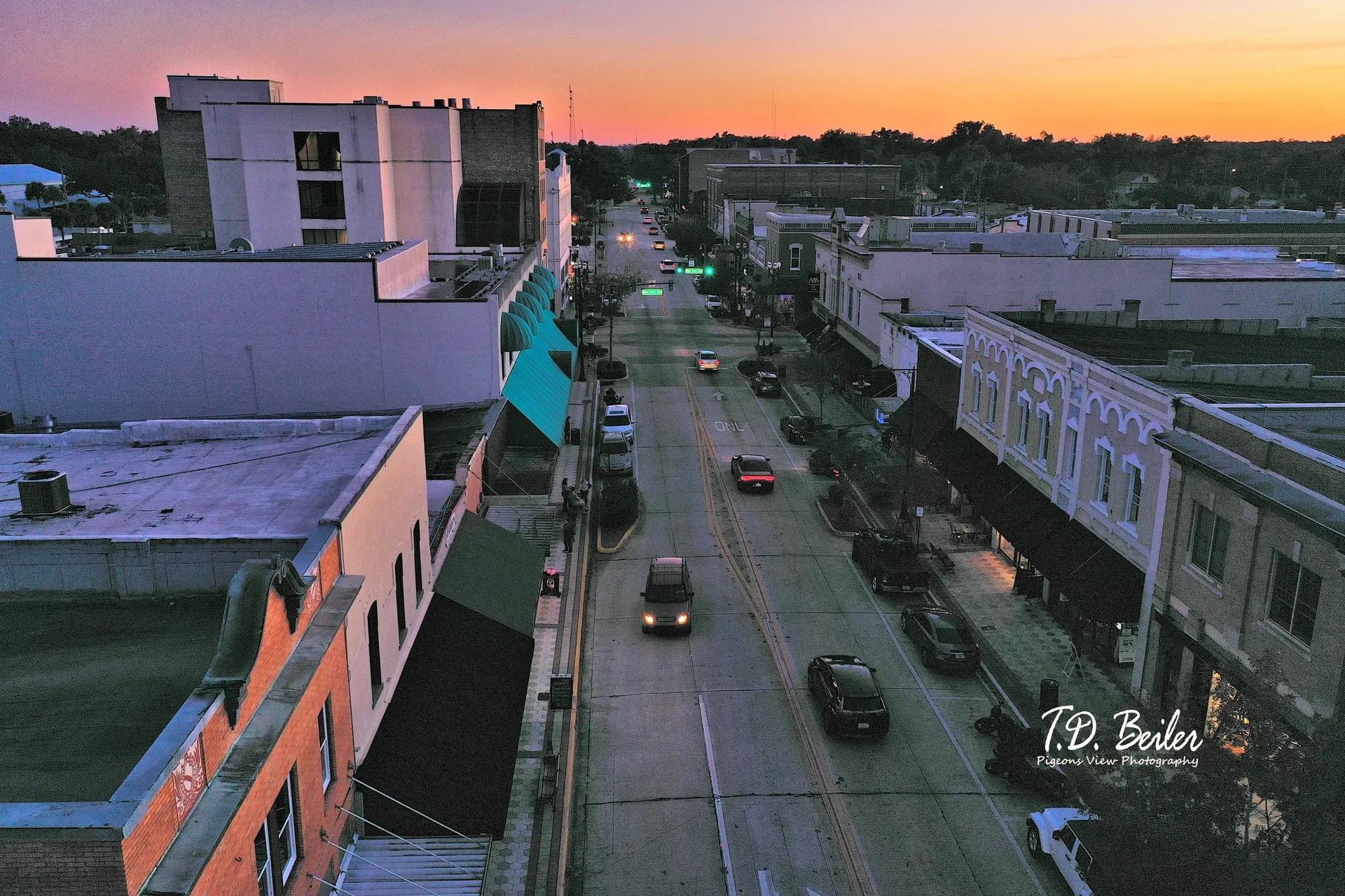 Urban evening scene with colorful sky