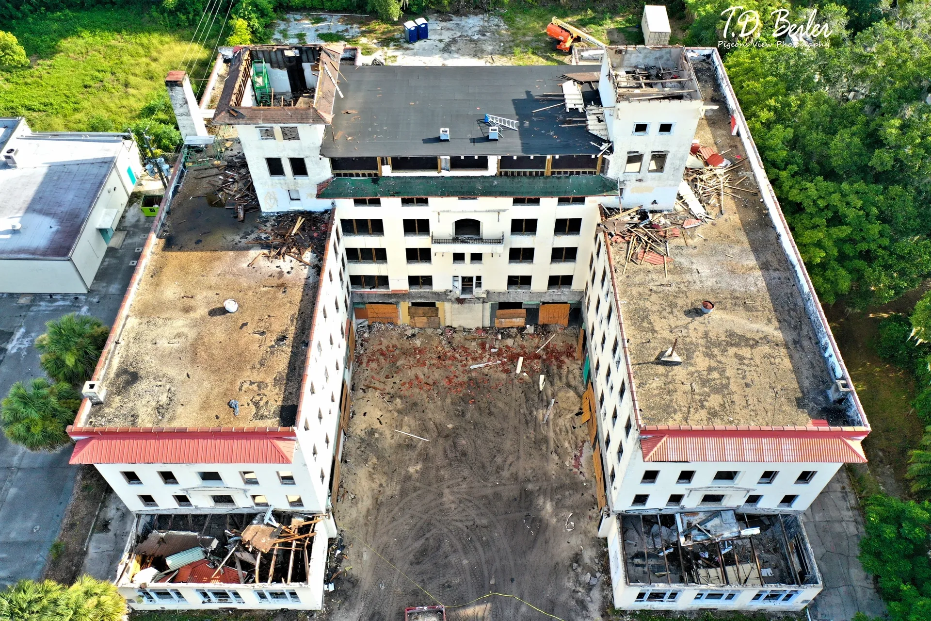 Overhead shot of empty, damaged building