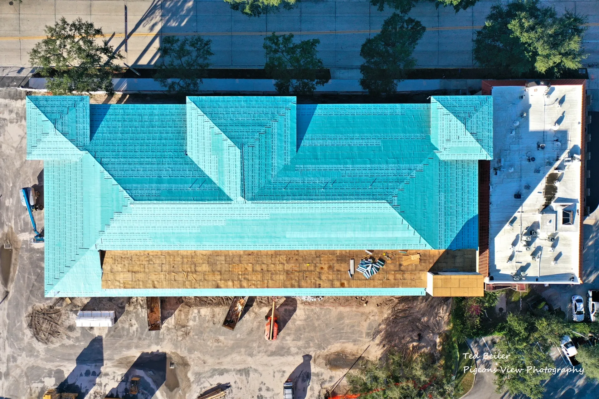 Overhead shot of building with teal roof