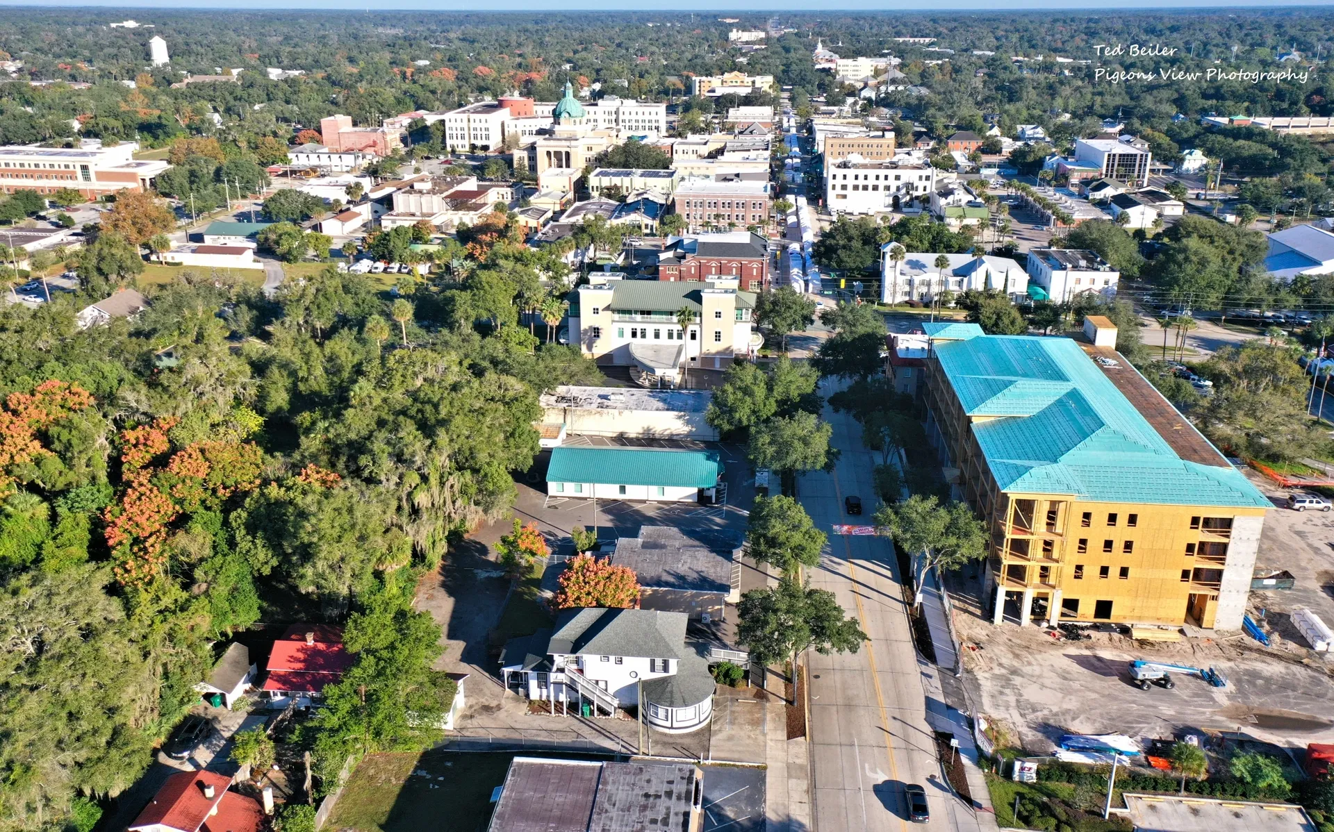 Downtown area with roads and greenery