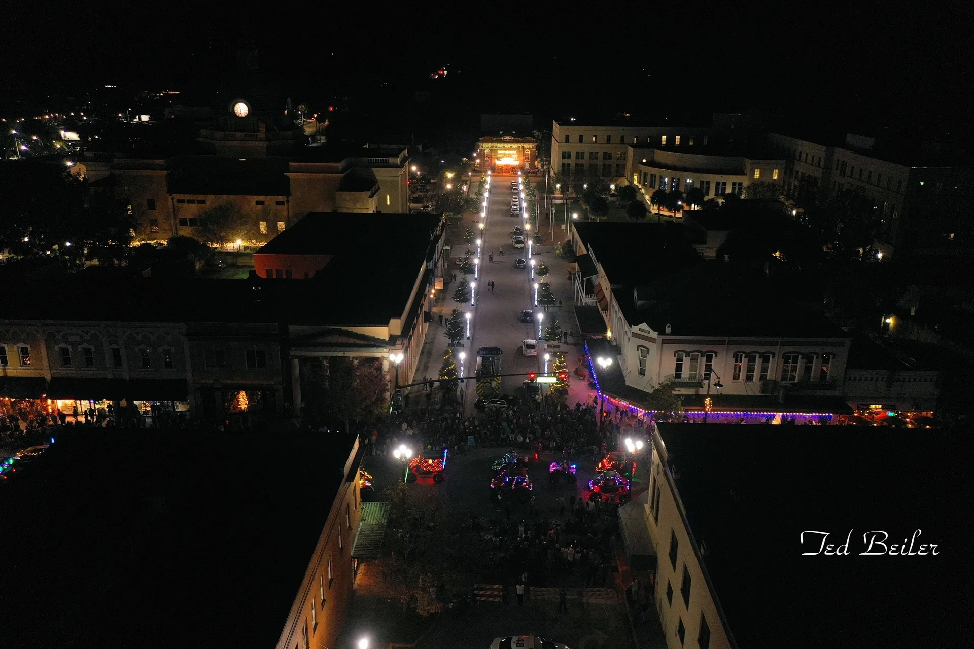 Aerial view of illuminated city street