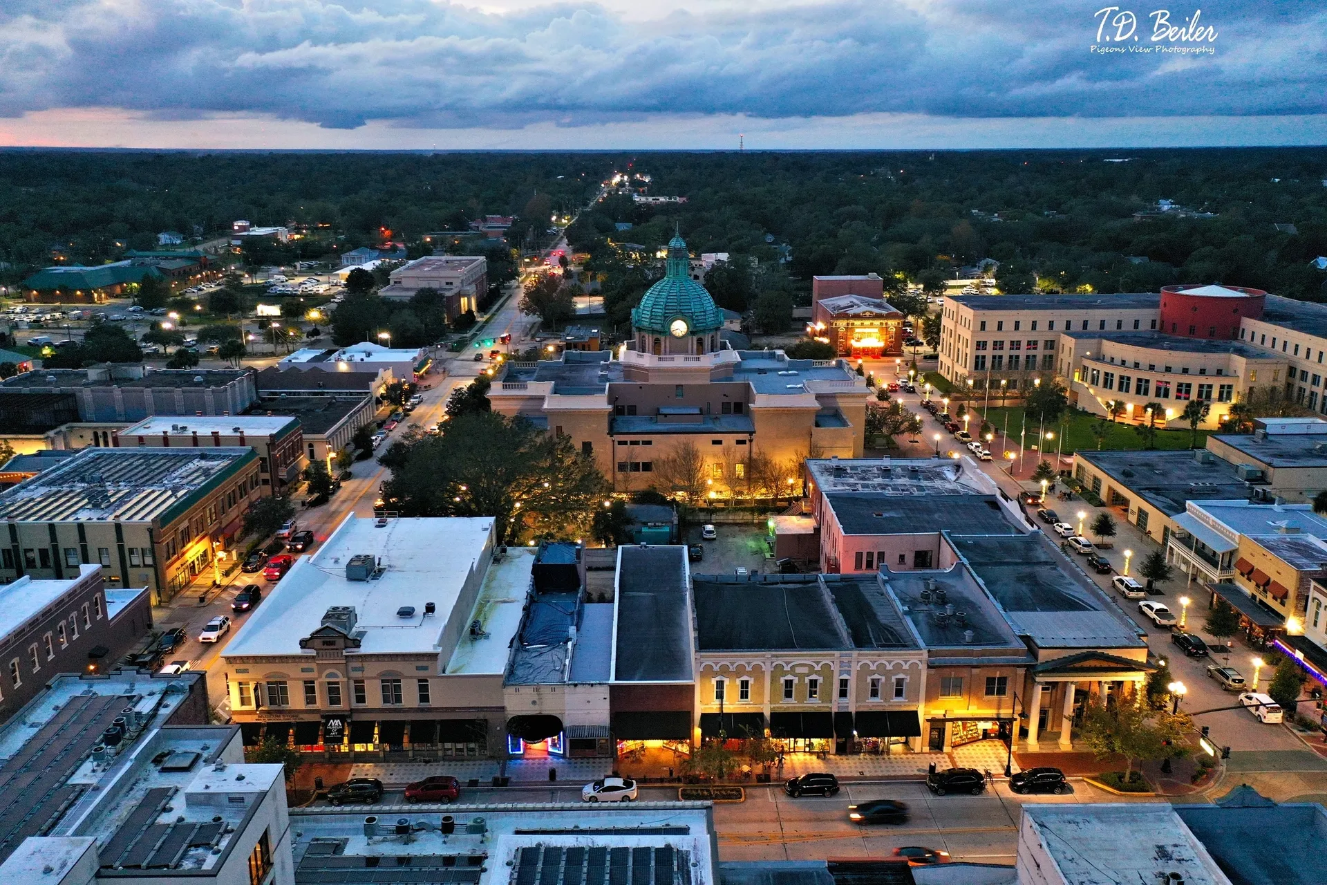 Aerial view of cityscape at dusk