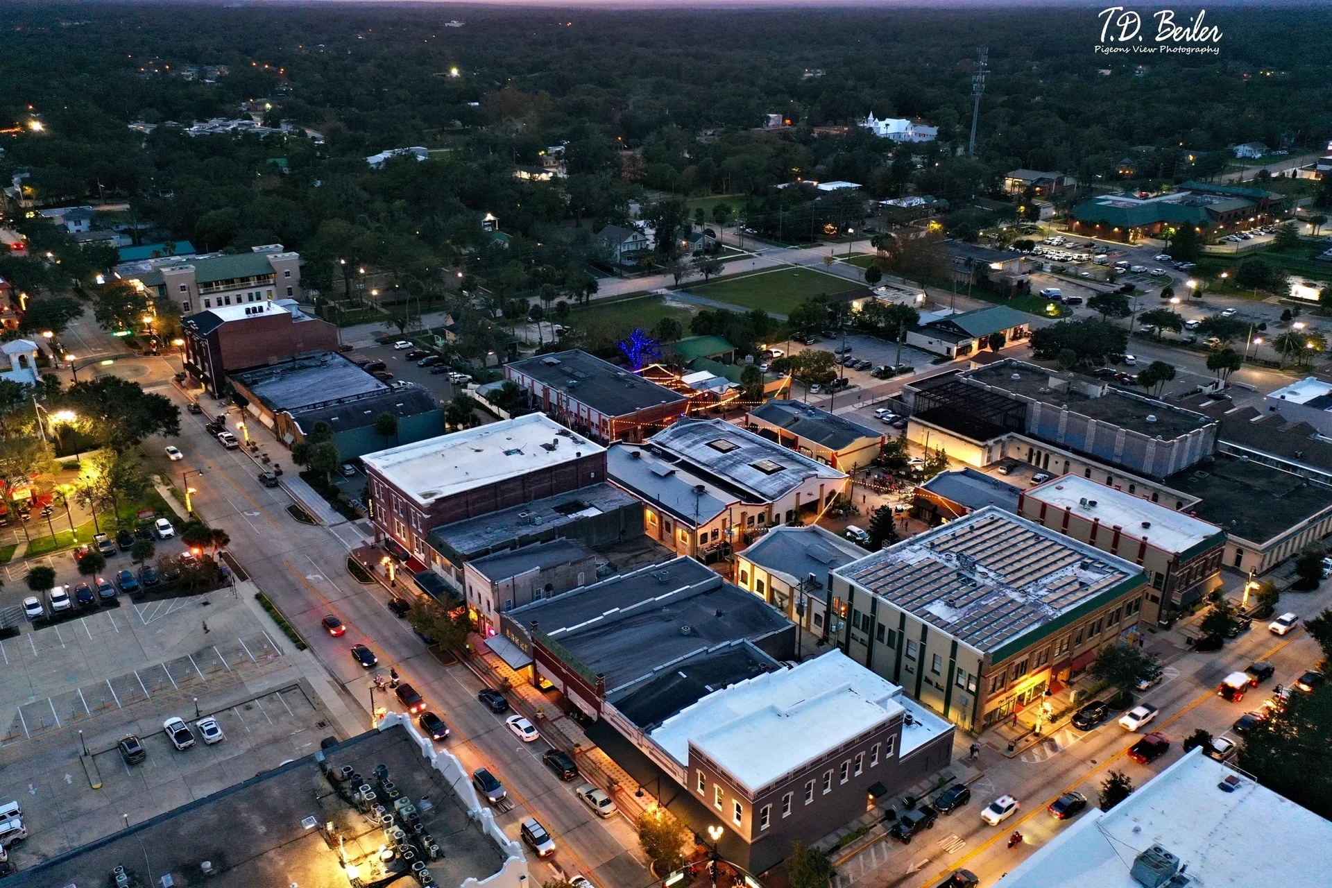 Aerial view of downtown at dusk